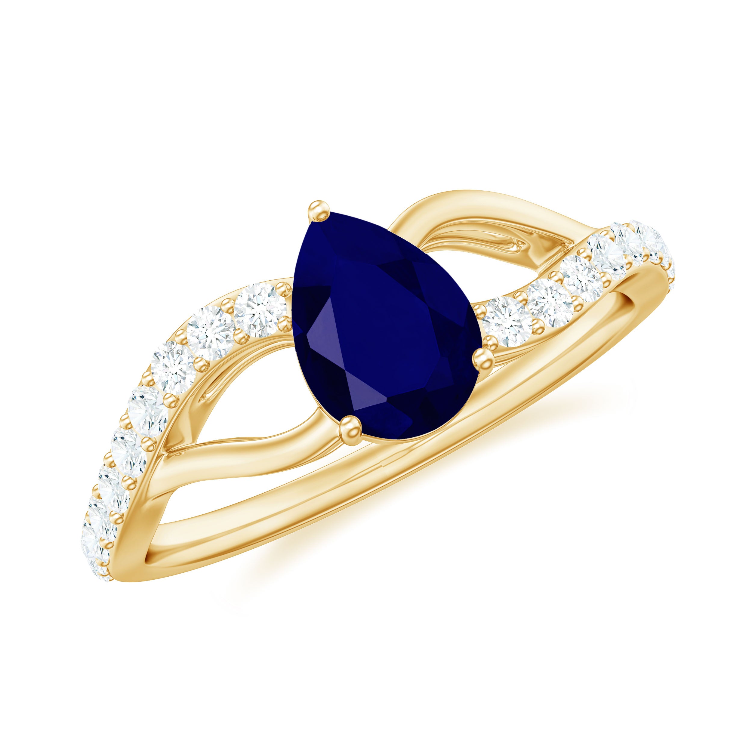 1.5 CT Pear Cut Blue Sapphire Solitaire Split Shank Ring with Diamond Blue Sapphire - ( AAA ) - Quality - Rosec Jewels