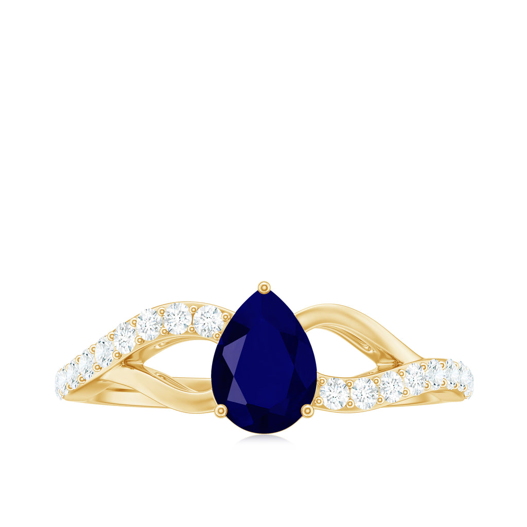 Rosec Jewels-1.5 CT Pear Cut Blue Sapphire Solitaire Split Shank Ring with Diamond