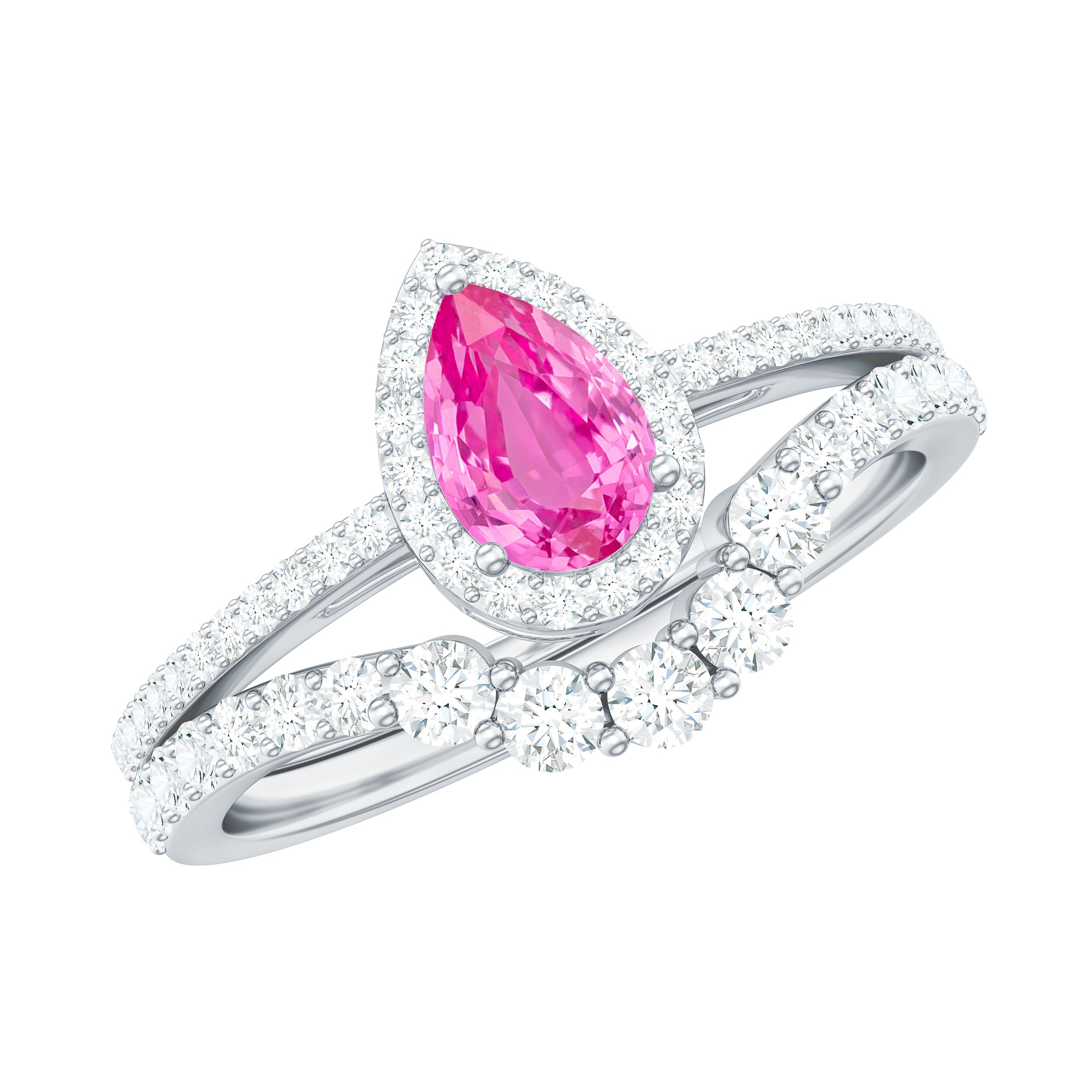 Pear Created Pink Sapphire Teardrop Ring Set with Moissanite Band Lab Created Pink Sapphire - ( AAAA ) - Quality - Rosec Jewels