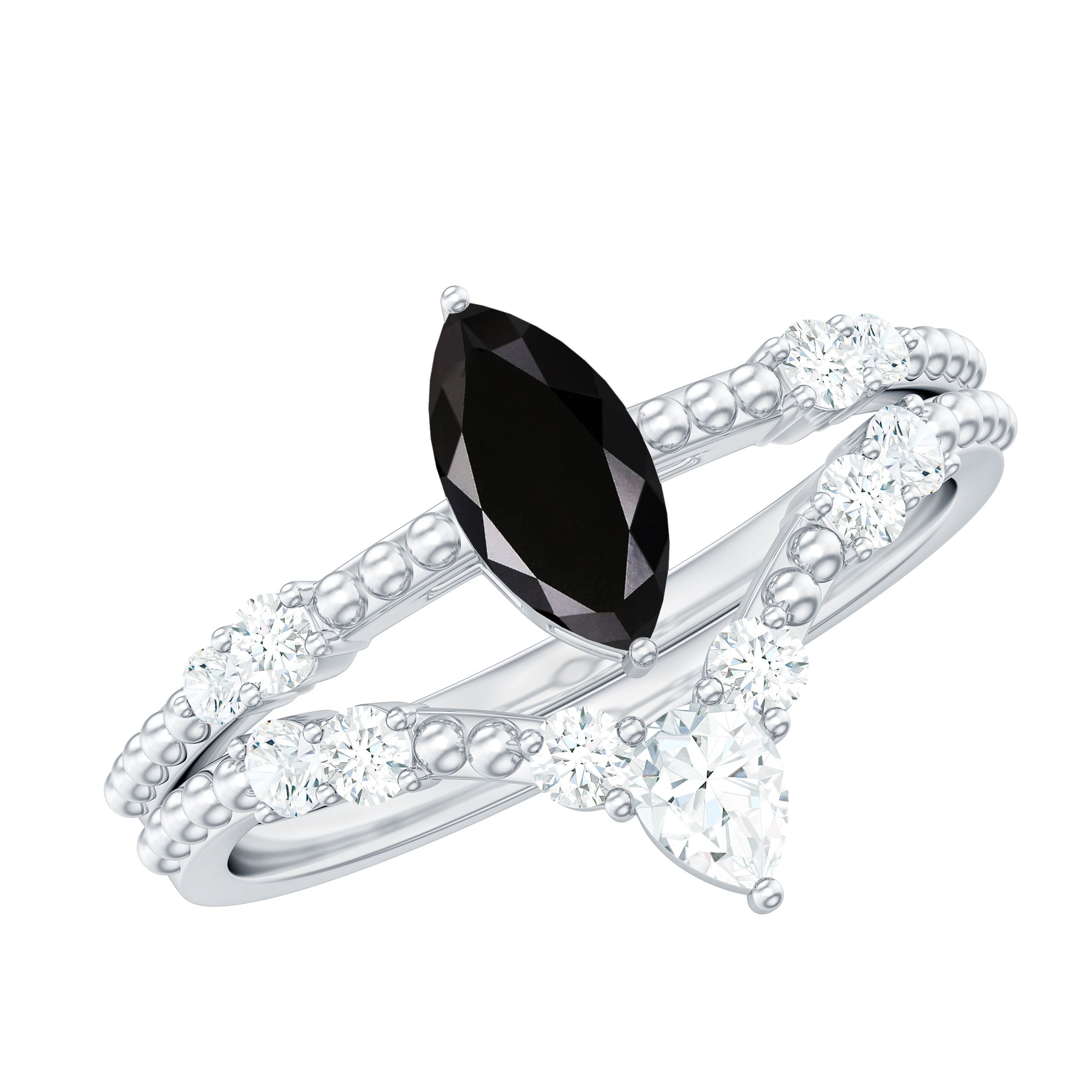 Natural Black Diamond Solitaire Beaded Ring Set with Moissanite Black Diamond - ( AAA ) - Quality - Rosec Jewels
