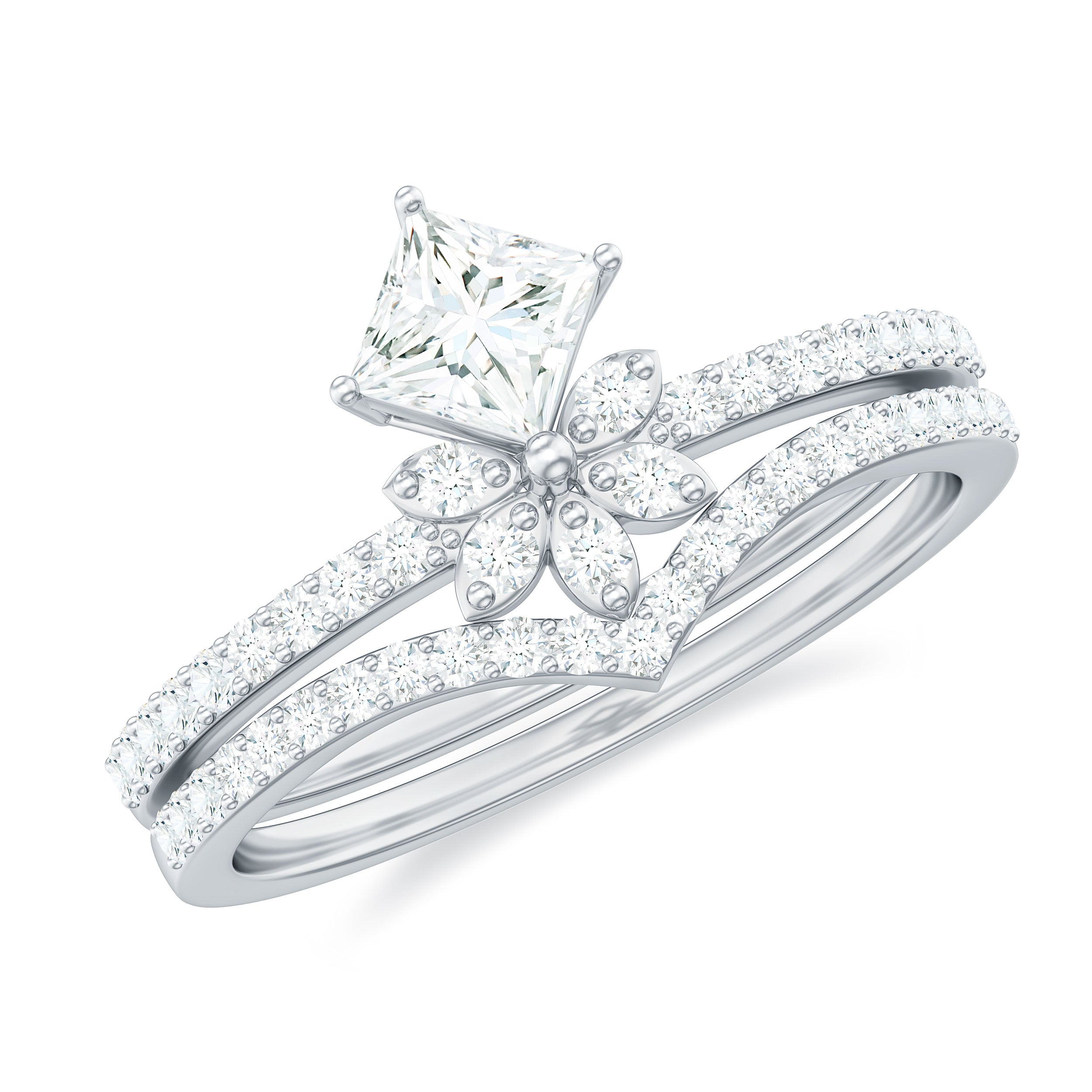 Princess Cut Certified Moissanite Flower Wedding Ring Set Moissanite - ( D-VS1 ) - Color and Clarity - Rosec Jewels