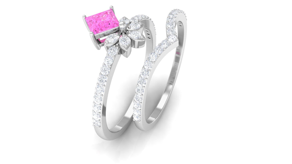 Princess Pink Sapphire Designer Flower Ring Set with Diamond Pink Sapphire - ( AAA ) - Quality - Rosec Jewels