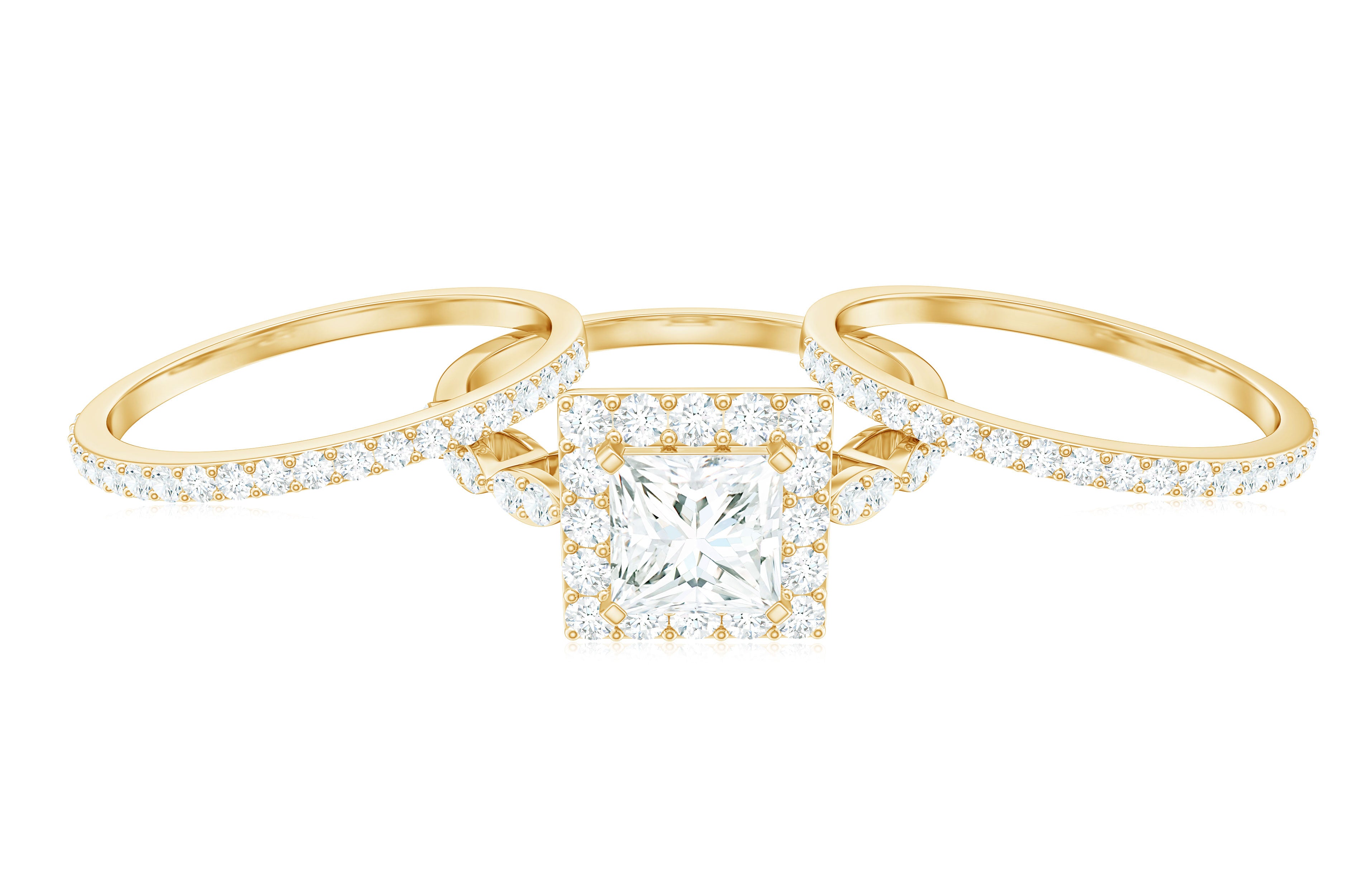 Princess Cut Moissanite Halo Bridal Ring Set Moissanite - ( D-VS1 ) - Color and Clarity - Rosec Jewels