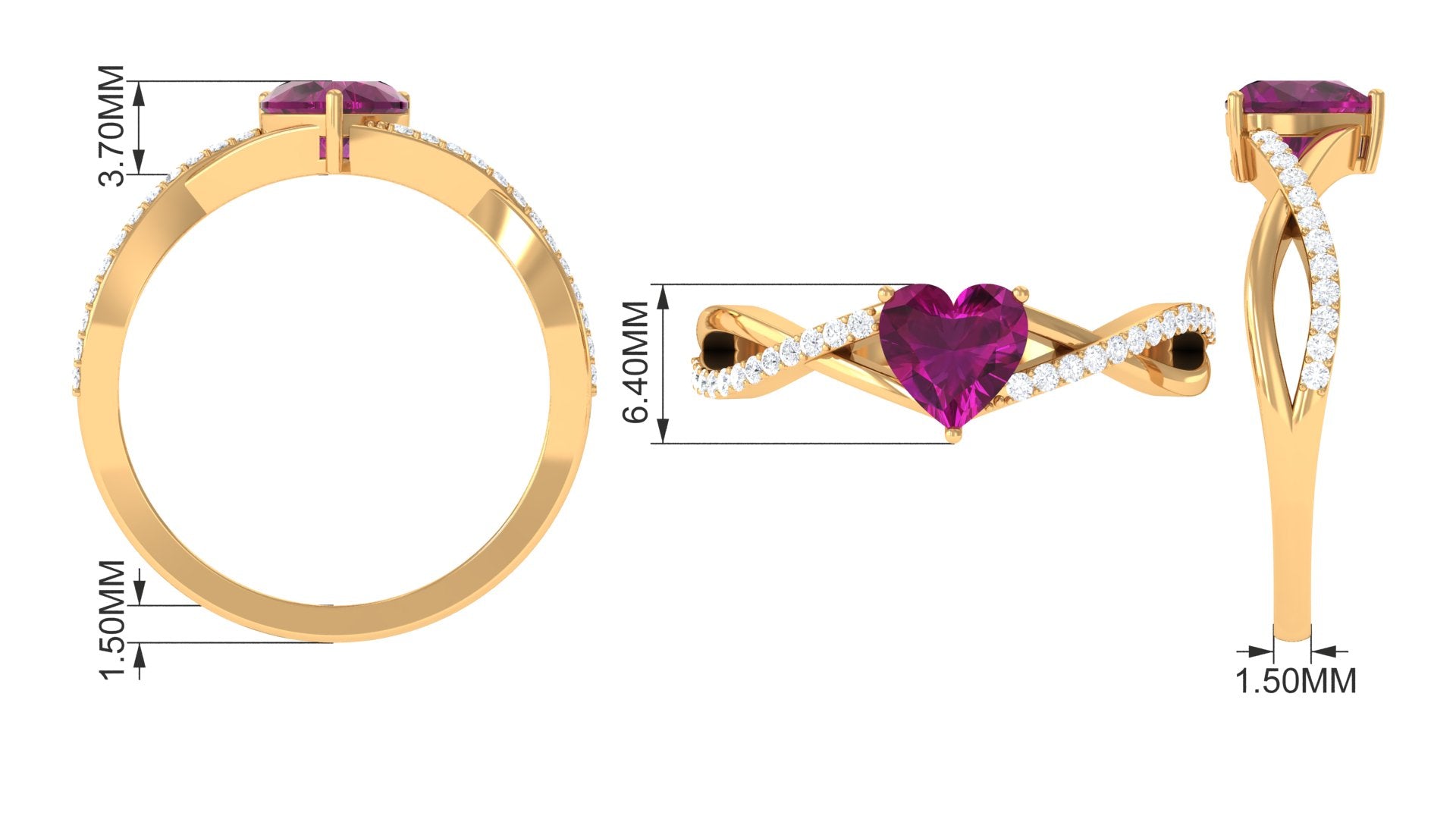 1.25 CT Heart Shape Rhodolite Solitaire Ring with Diamond Rhodolite - ( AAA ) - Quality - Rosec Jewels