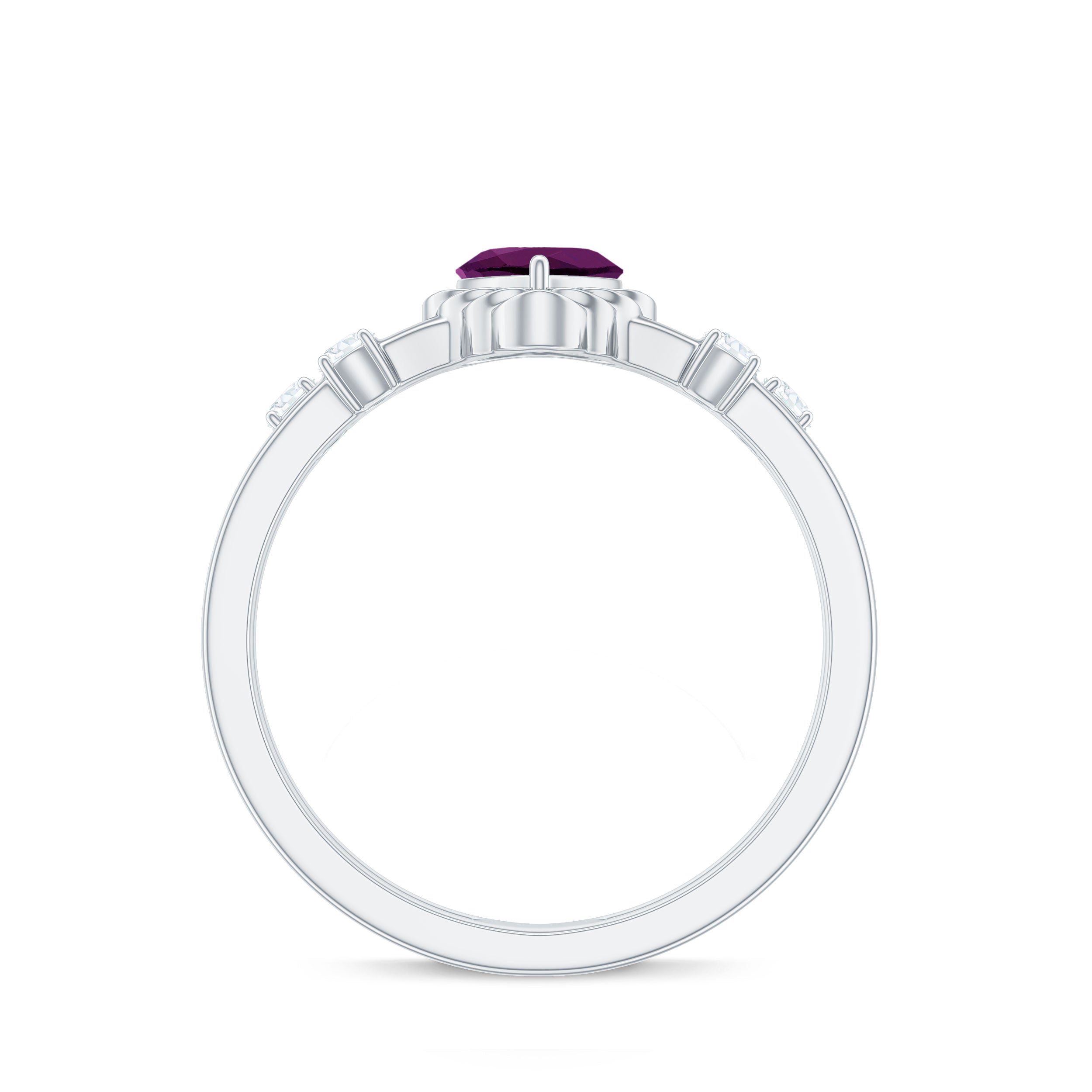 Heart Shape Rhodolite Solitaire Double Band Ring with Diamond Rhodolite - ( AAA ) - Quality - Rosec Jewels