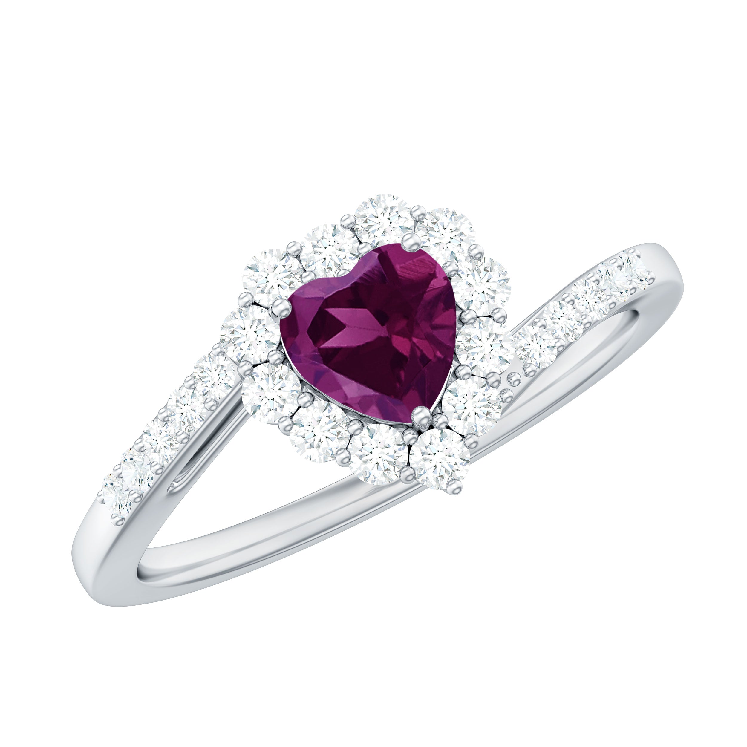 Heart Shape Rhodolite Promise Ring with Diamond Accent Rhodolite - ( AAA ) - Quality - Rosec Jewels