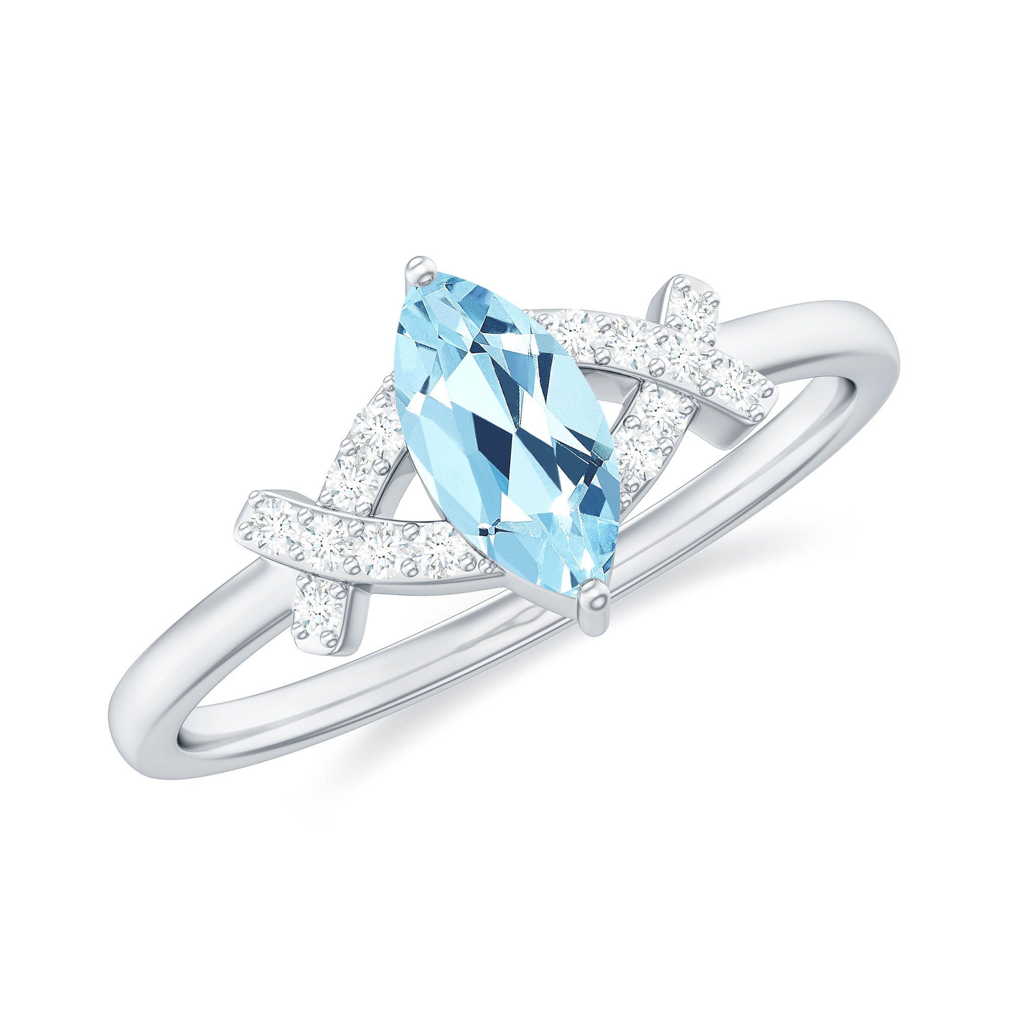 1 Carat Aquamarine Marquise Solitaire Ring with Diamond Aquamarine - ( AAA ) - Quality - Rosec Jewels