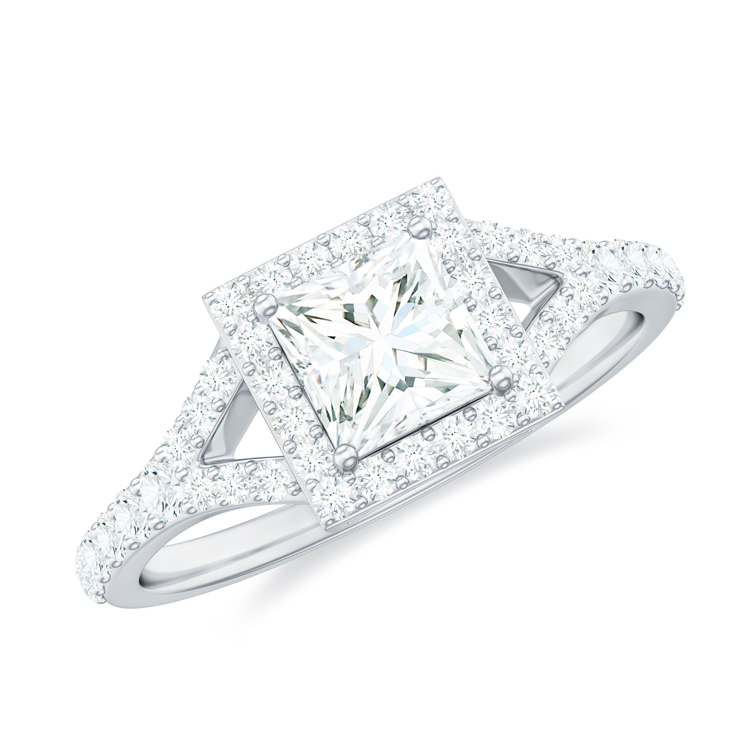 Halo Princess Cut Moissanite Split Shank Engagement Ring Gold Moissanite - ( D-VS1 ) - Color and Clarity - Rosec Jewels