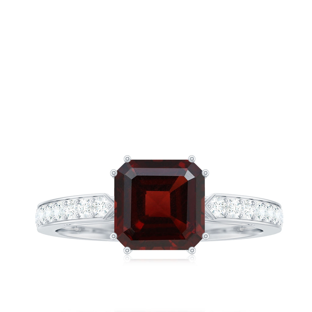 Asscher Garnet Solitaire Engagement Ring with Diamond Garnet - ( AAA ) - Quality - Rosec Jewels