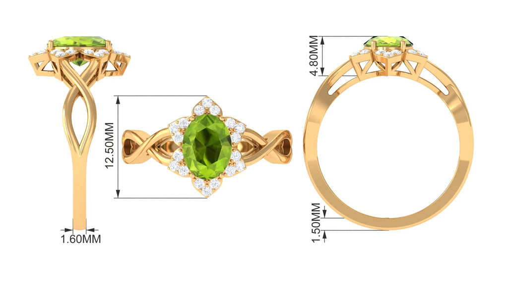 1.25 CT Oval Cut Peridot Solitaire Ring with Diamond Accent Peridot - ( AAA ) - Quality - Rosec Jewels