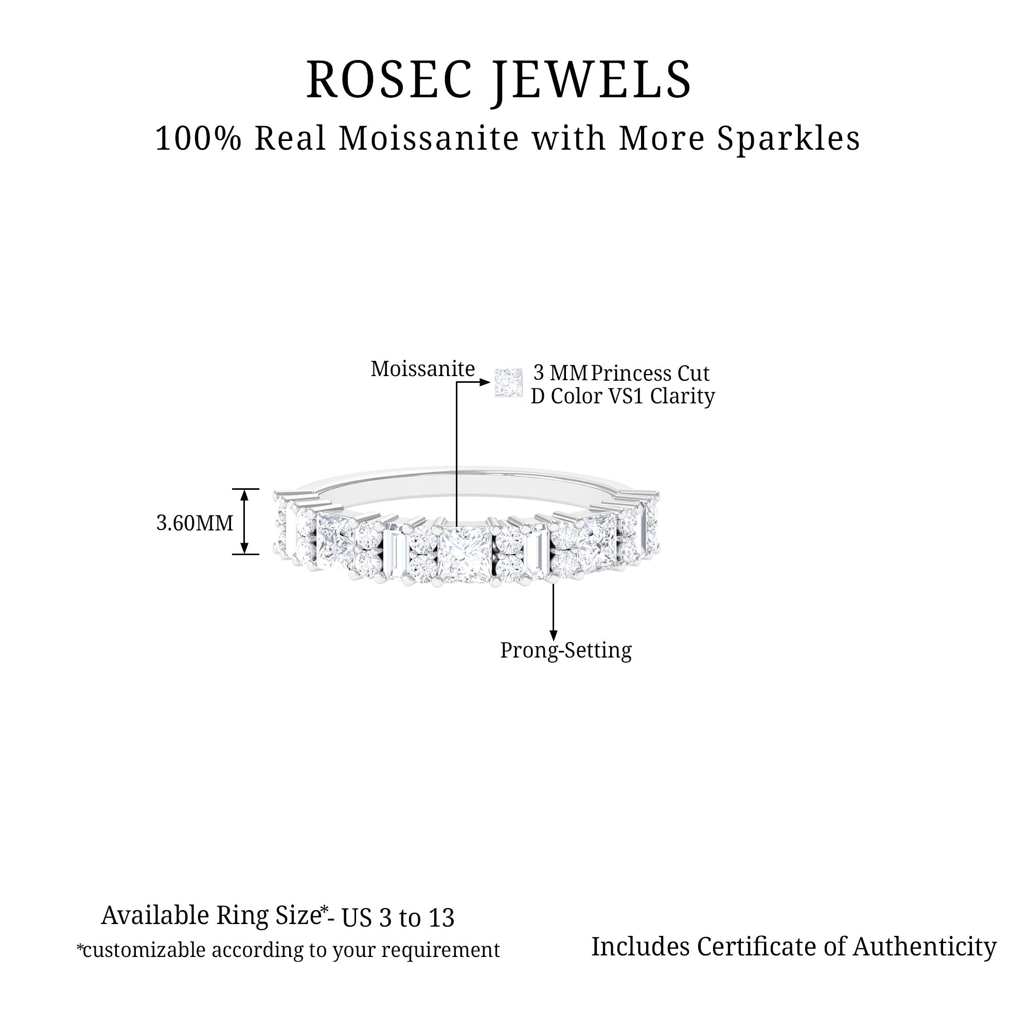 5.25 CT Certified Moissanite Eternity Ring in Prong Setting Moissanite - ( D-VS1 ) - Color and Clarity - Rosec Jewels