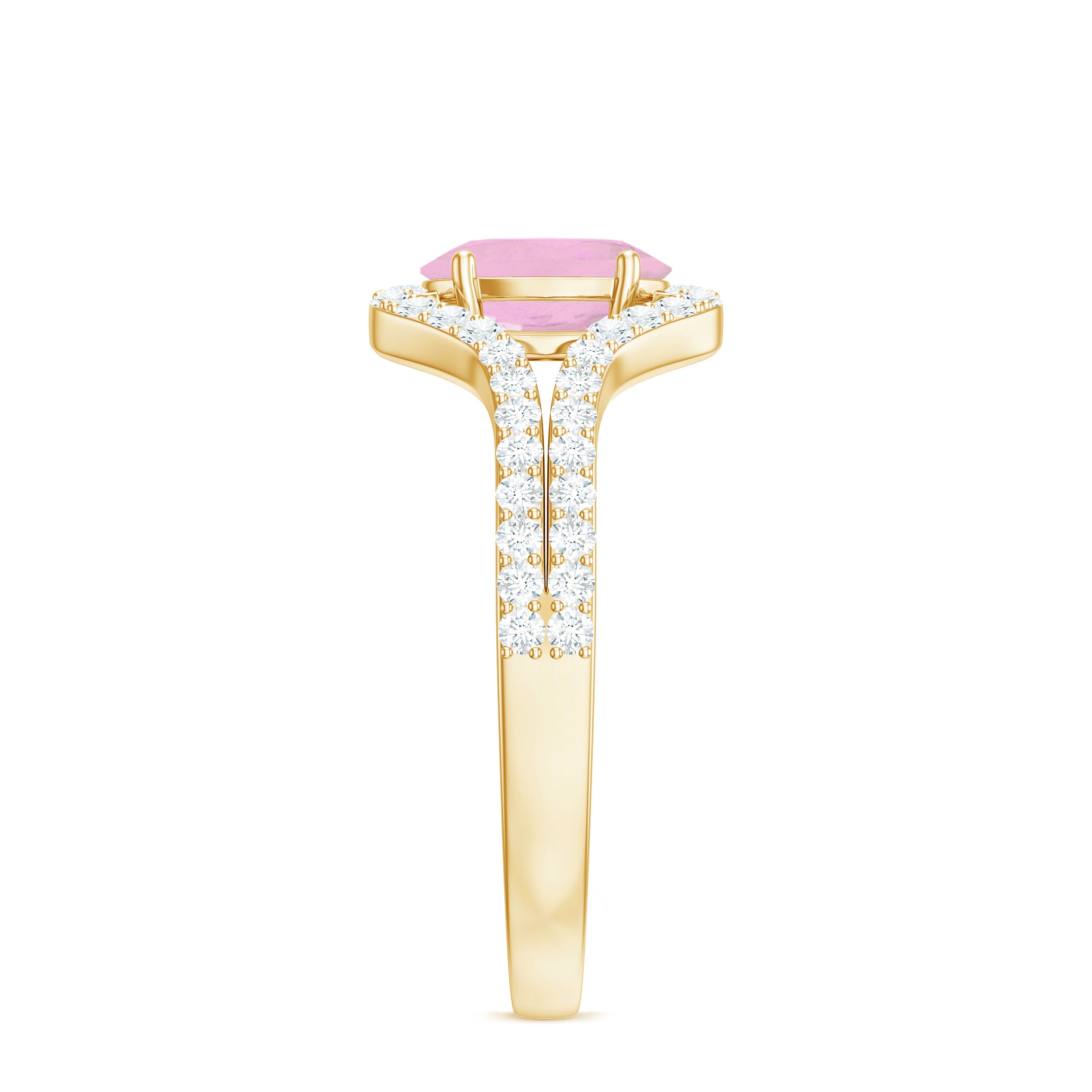 Oval Cut Rose Quartz and Diamond Ring with Split Shank Rose Quartz - ( AAA ) - Quality - Rosec Jewels