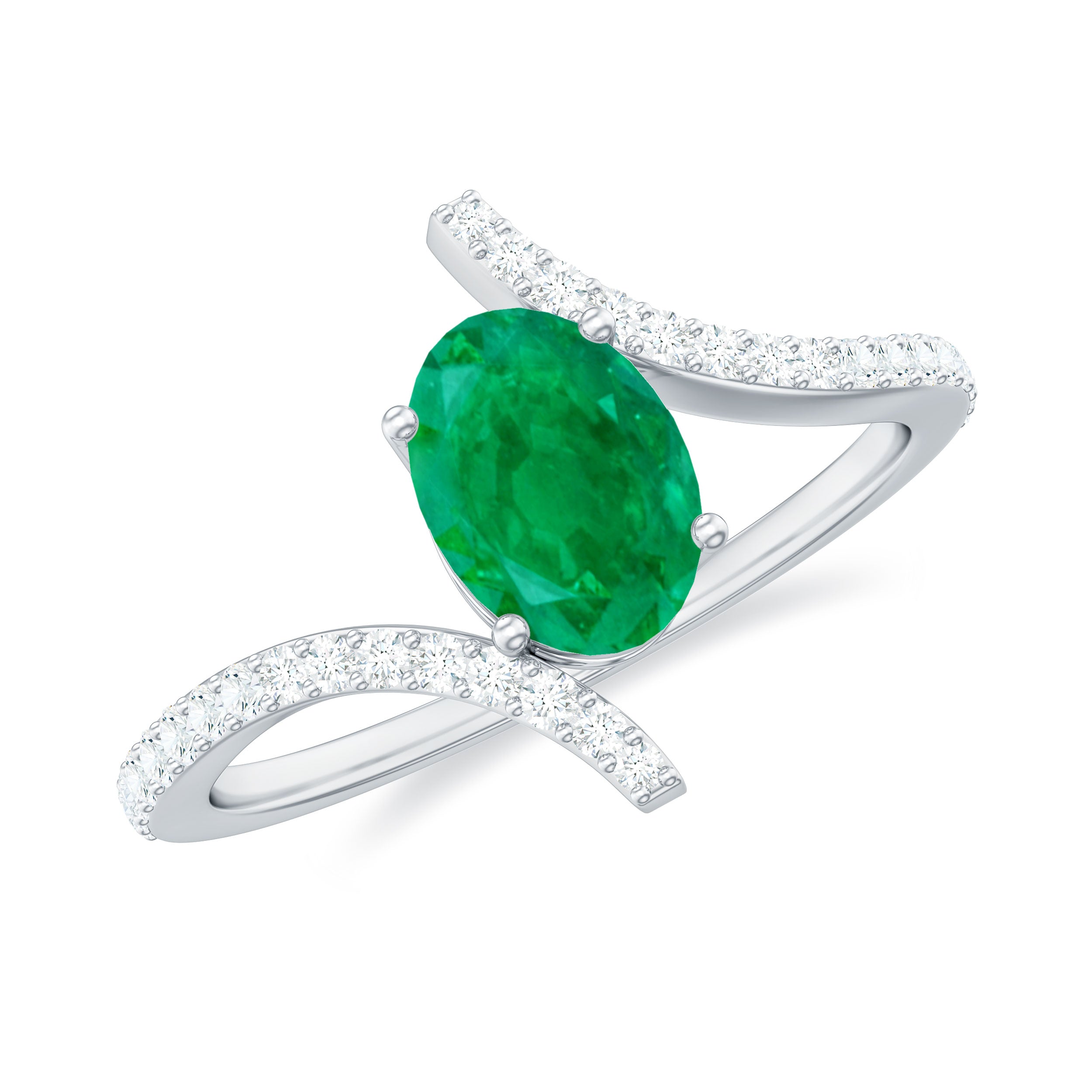 1 CT Oval Emerald Solitaire Bypass Ring with Diamond Emerald - ( AAA ) - Quality - Rosec Jewels