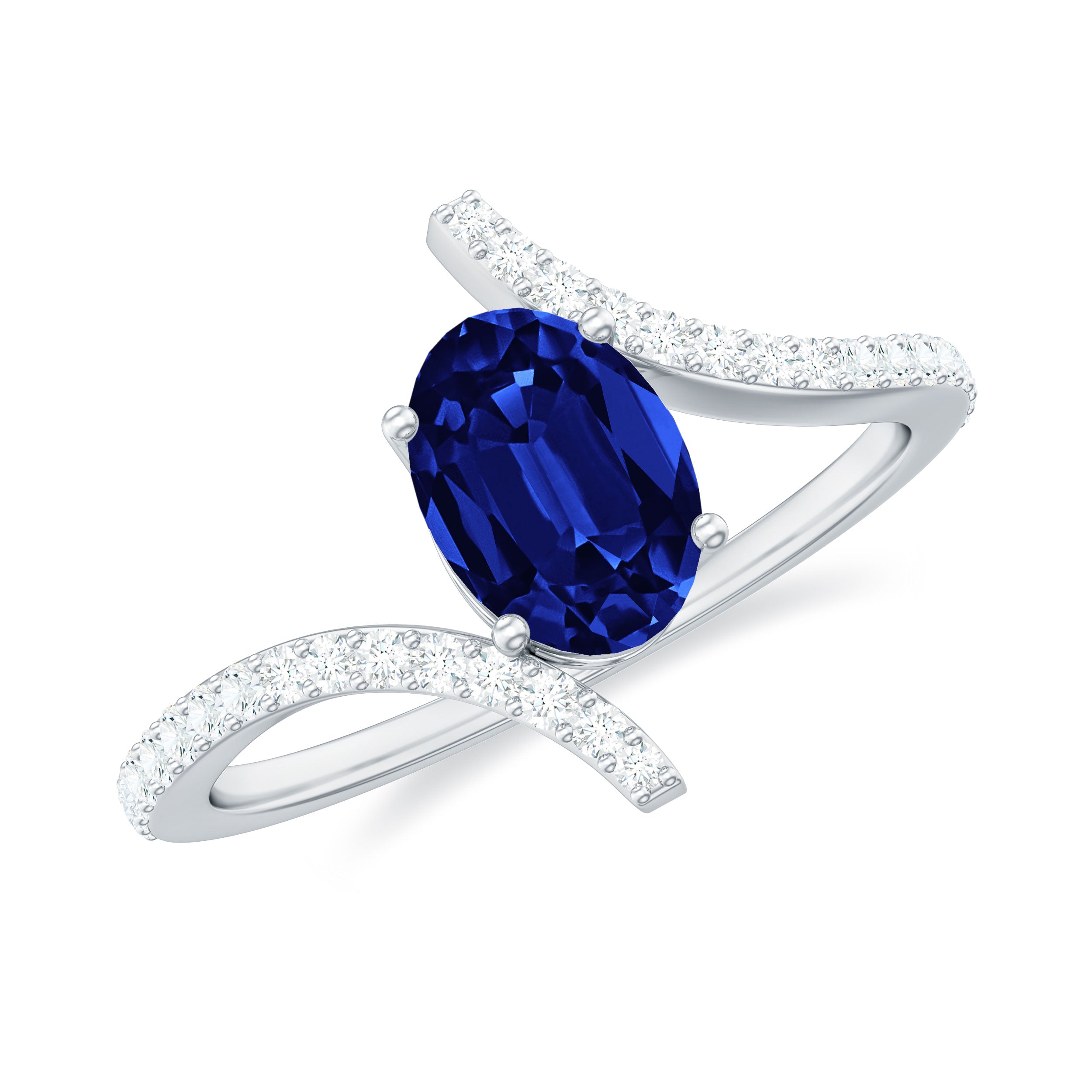 Oval Created Blue Sapphire Solitaire Bypass Engagement Ring with Diamond Lab Created Blue Sapphire - ( AAAA ) - Quality - Rosec Jewels