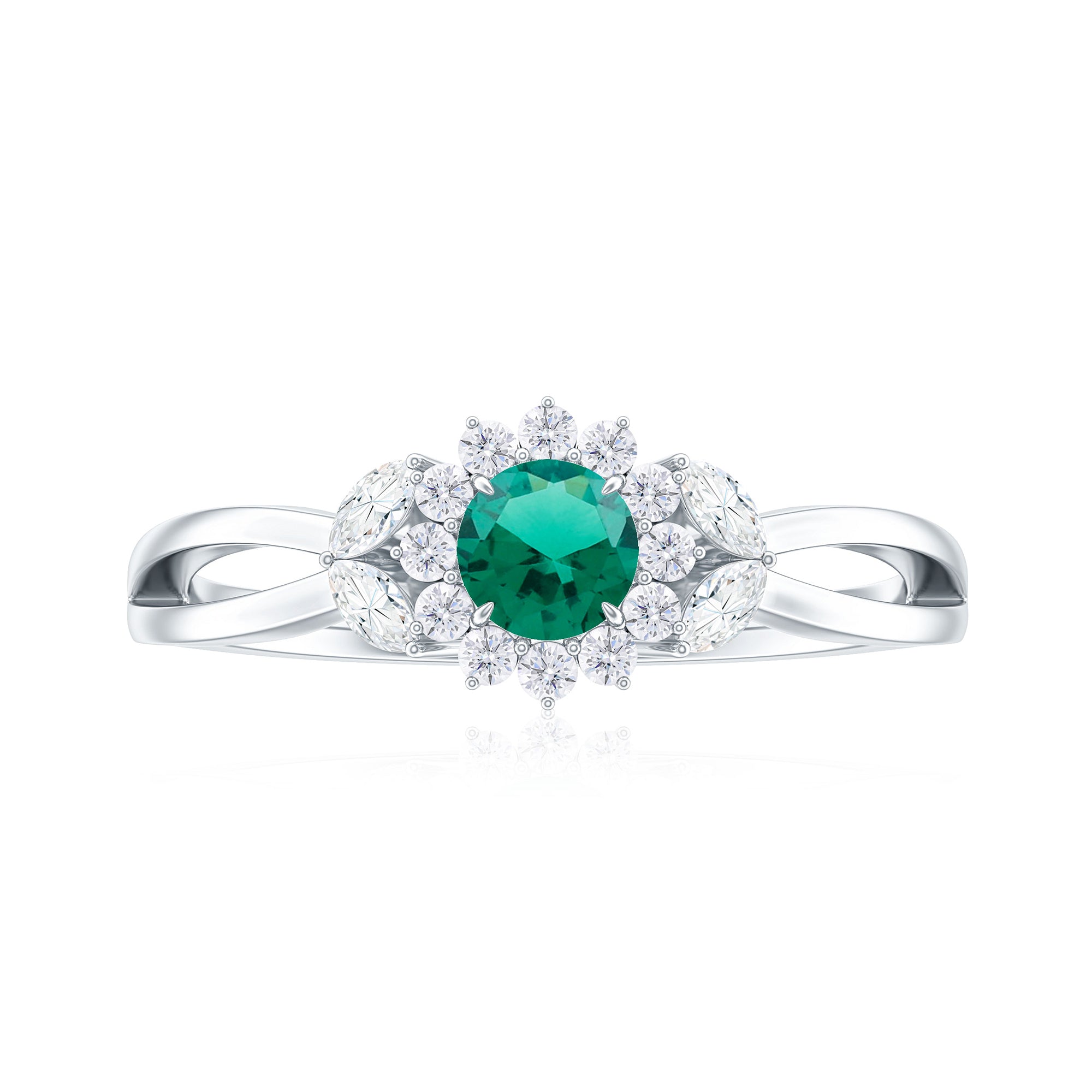 Created Emerald and Diamond Flower Engagement Ring in Split Shank Lab Created Emerald - ( AAAA ) - Quality - Rosec Jewels