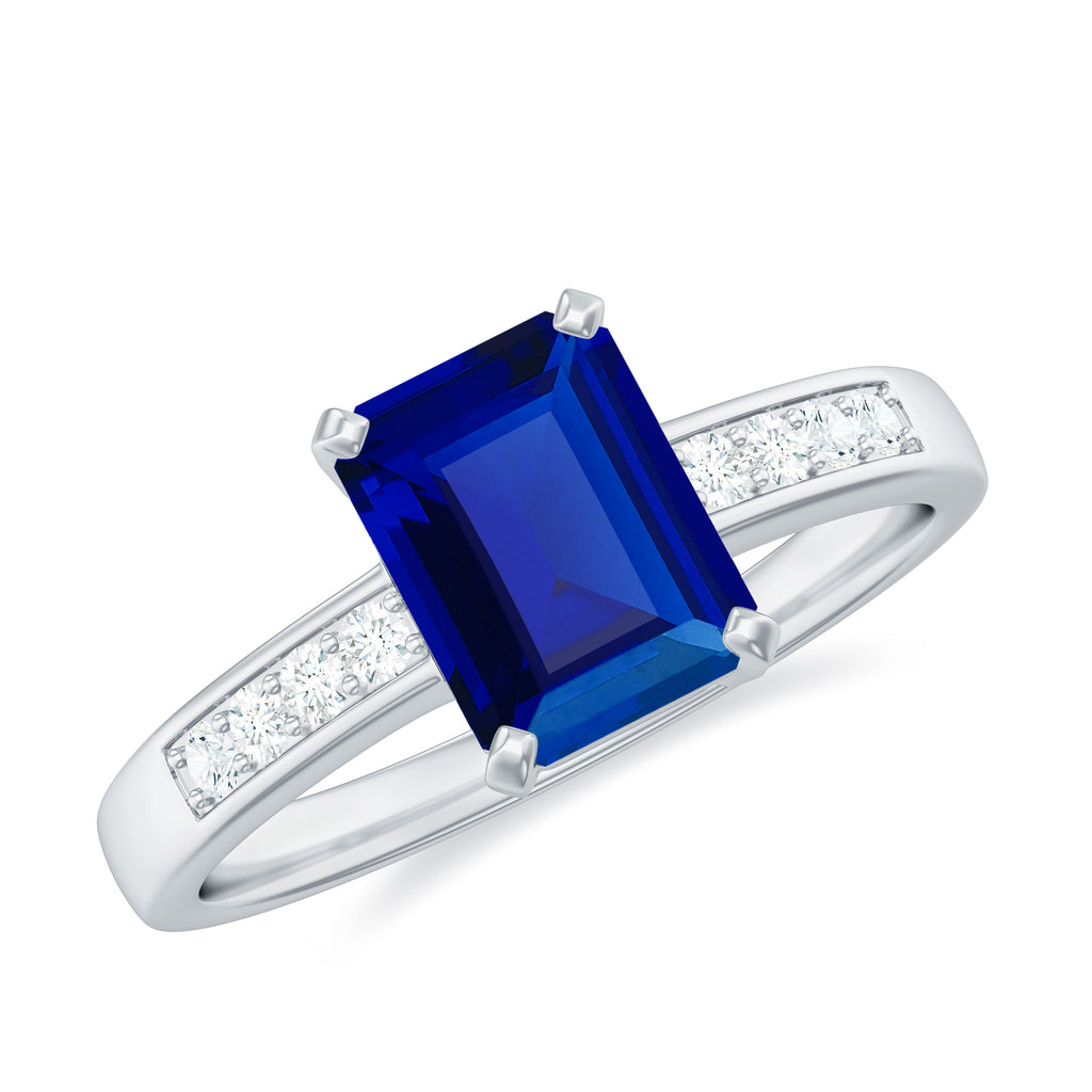 Octagon Cut Created Blue Sapphire Solitaire Engagement Ring with Diamond Side Stones Lab Created Blue Sapphire - ( AAAA ) - Quality - Rosec Jewels