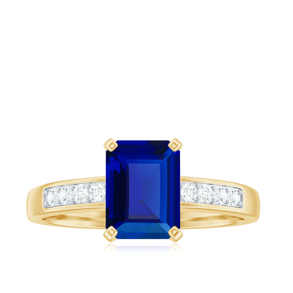 Octagon Cut Created Blue Sapphire Solitaire Engagement Ring with Diamond Side Stones Lab Created Blue Sapphire - ( AAAA ) - Quality - Rosec Jewels