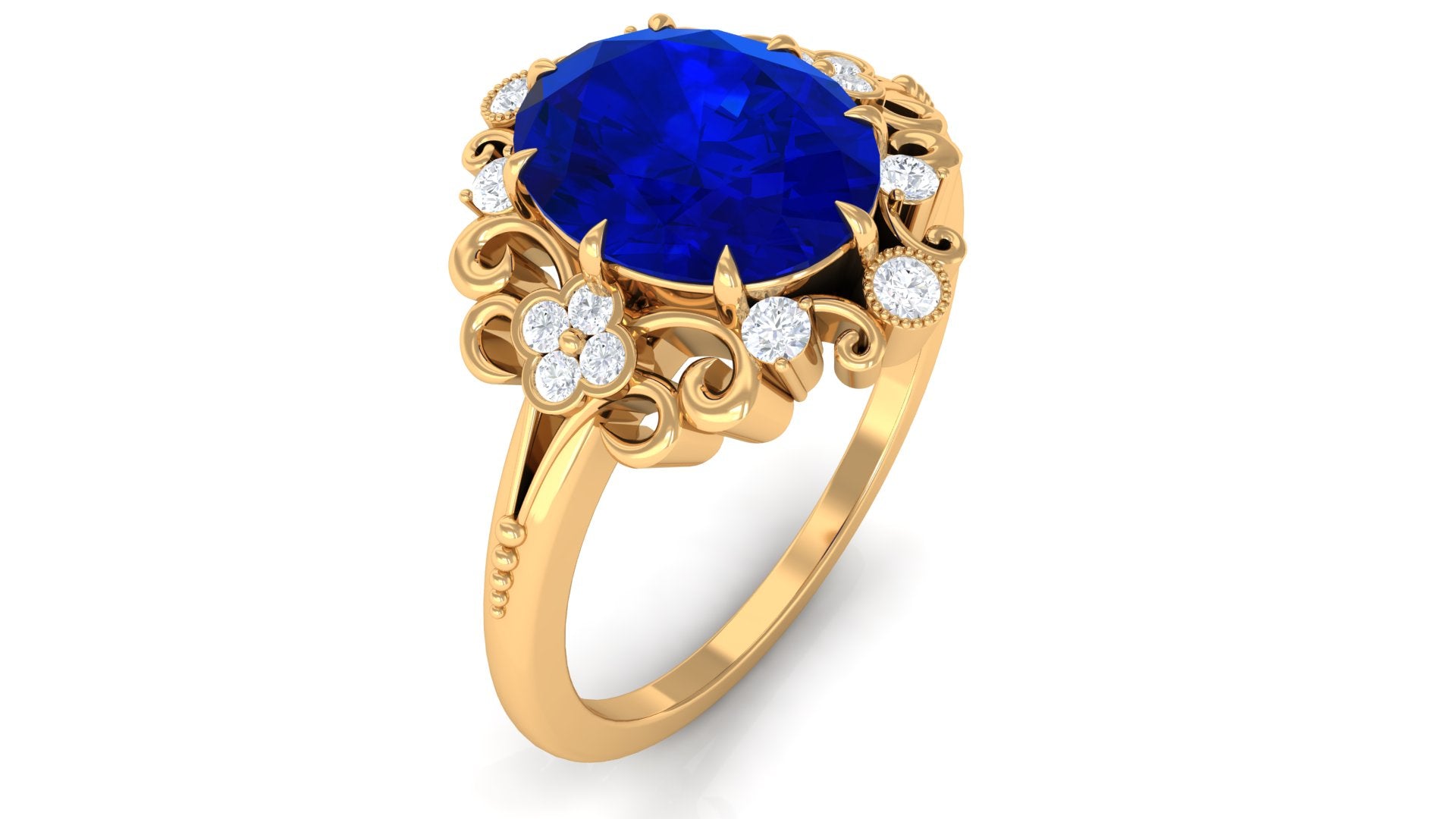 Vintage Inspired Created Blue Sapphire Engagement Ring with Diamond Lab Created Blue Sapphire - ( AAAA ) - Quality - Rosec Jewels