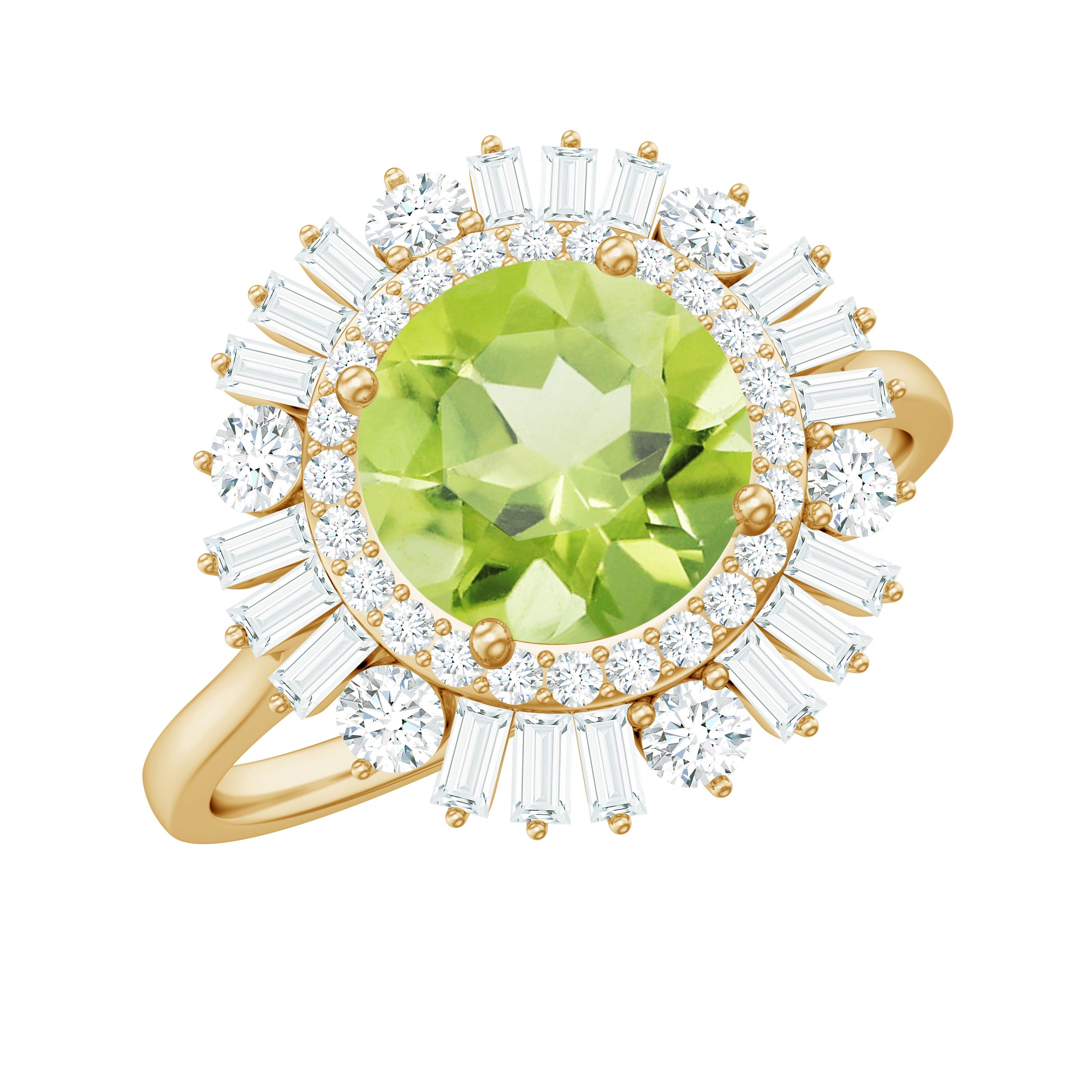 3 CT Round Peridot Cocktail Ring with Moissanite Double Halo Peridot - ( AAA ) - Quality - Rosec Jewels