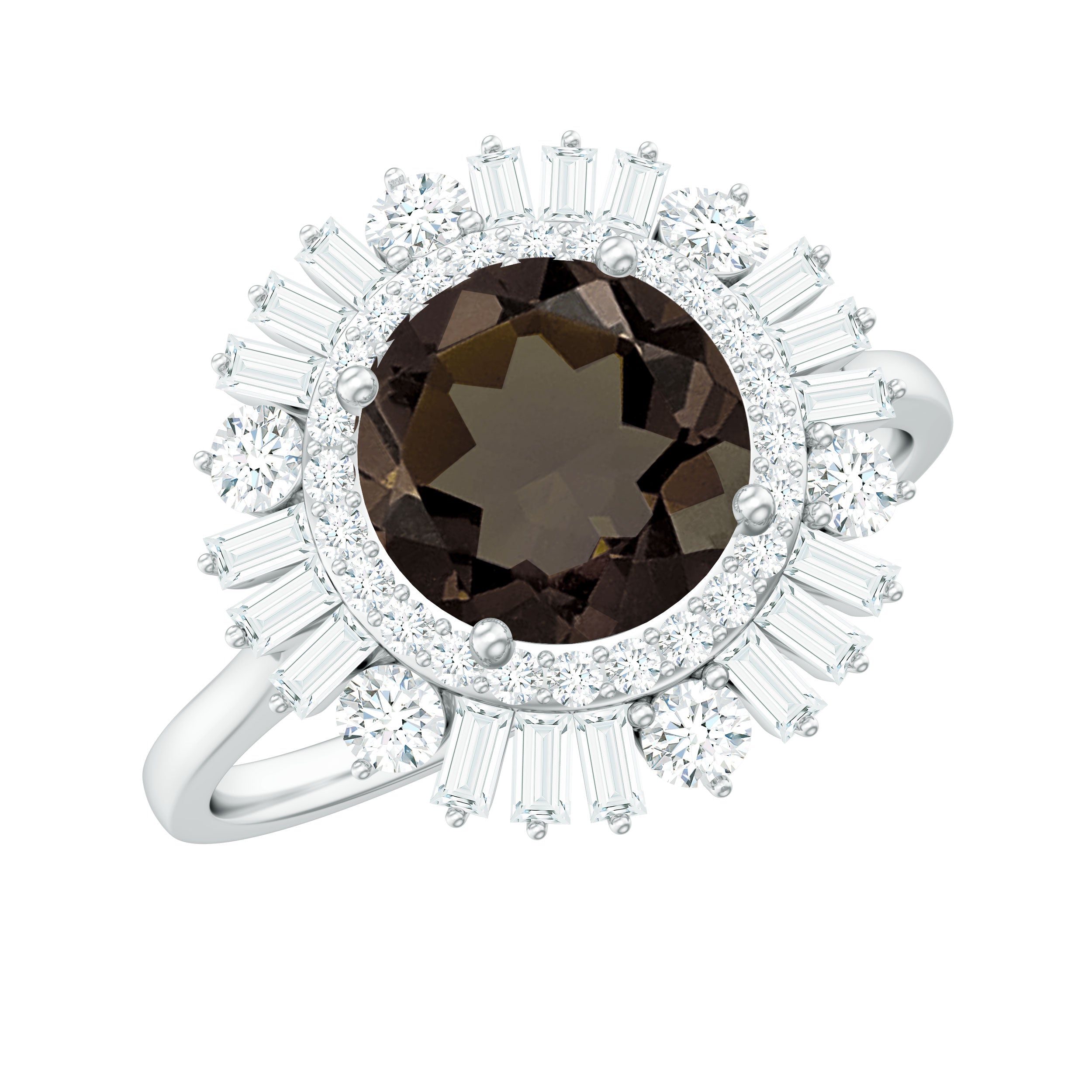 Round Smoky Quartz Cocktail Ring with Moissanite Double Halo Smoky Quartz - ( AAA ) - Quality - Rosec Jewels