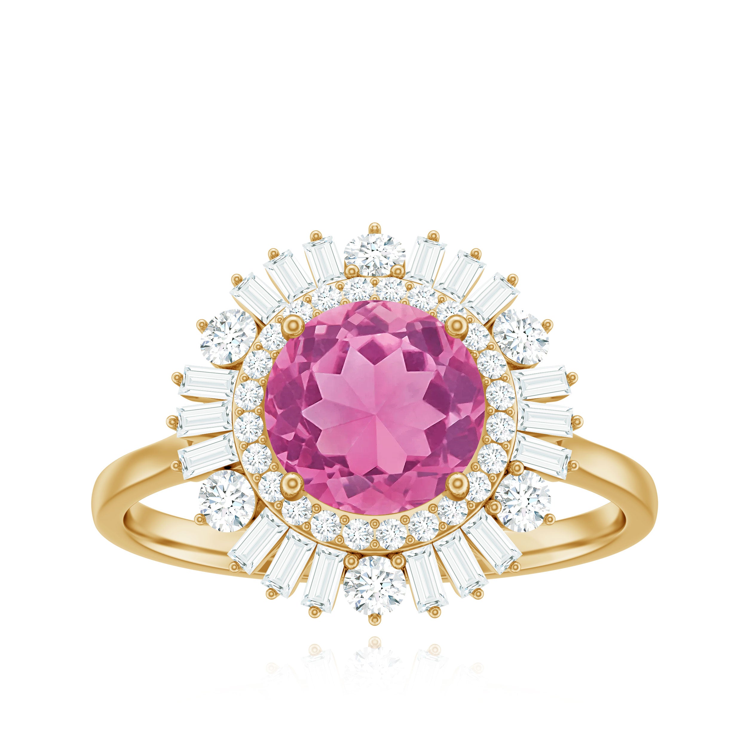 2 CT Round Pink Tourmaline Cocktail Ring with Moissanite Double Halo Pink Tourmaline - ( AAA ) - Quality - Rosec Jewels