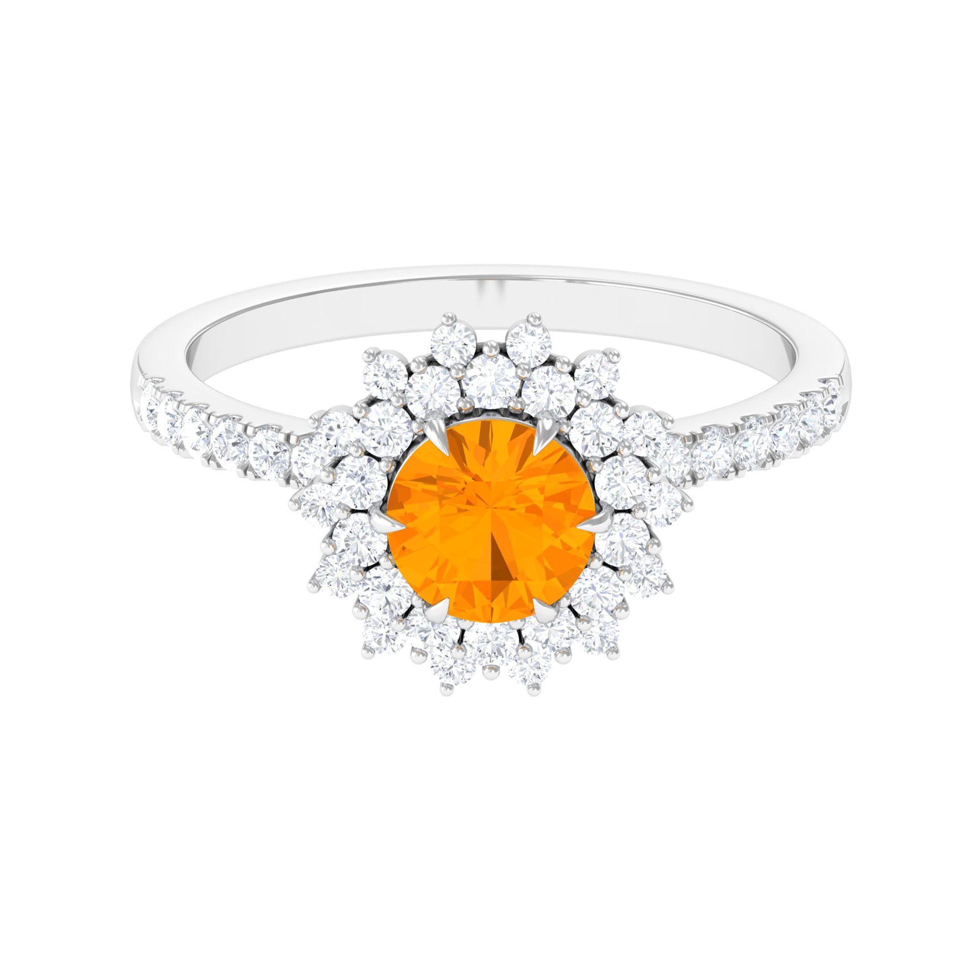 Round Fire Opal Statement Engagement Ring with Moissanite Fire Opal - ( AAA ) - Quality - Rosec Jewels