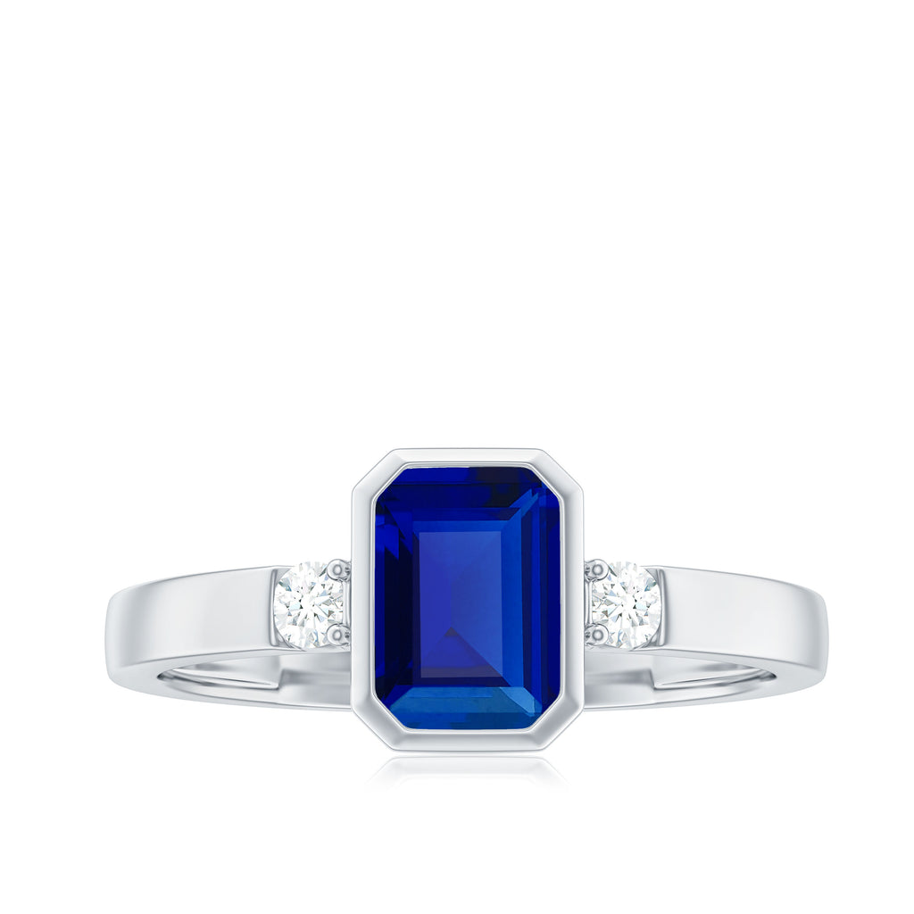 Bezel Set Octagon Cut Created Blue Sapphire Engagement Ring with Diamond Lab Created Blue Sapphire - ( AAAA ) - Quality - Rosec Jewels