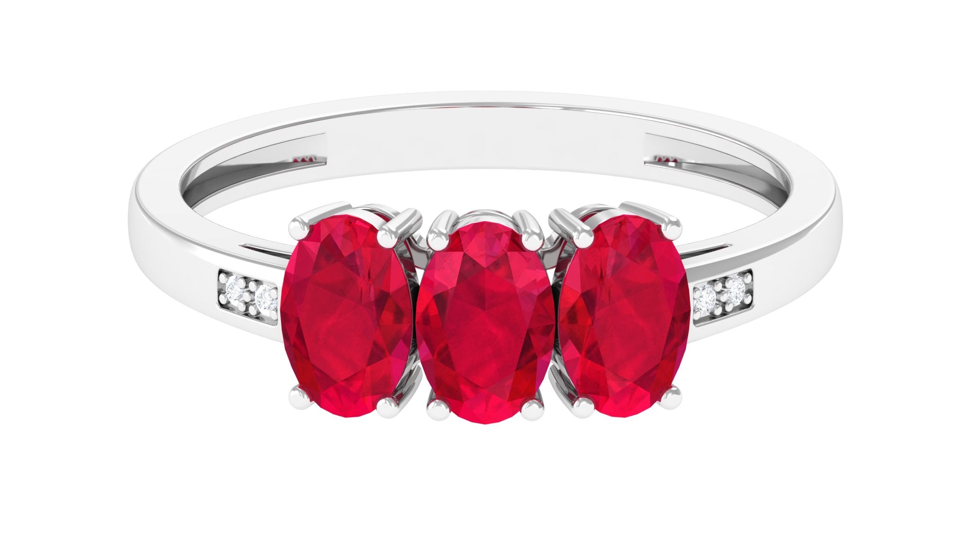 Oval Cut Created Ruby 3 Stone Engagement Ring with Diamond Lab Created Ruby - ( AAAA ) - Quality - Rosec Jewels
