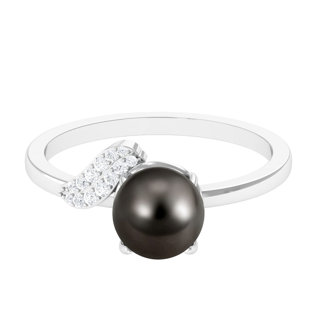 Classic Tahitian Pearl Solitaire Engagement Ring with Diamond Leaf Tahitian pearl - ( AAA ) - Quality - Rosec Jewels