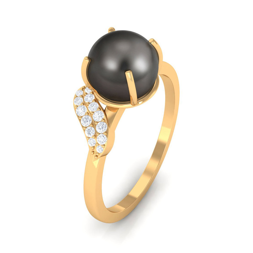 Classic Tahitian Pearl Solitaire Engagement Ring with Diamond Leaf Tahitian pearl - ( AAA ) - Quality - Rosec Jewels