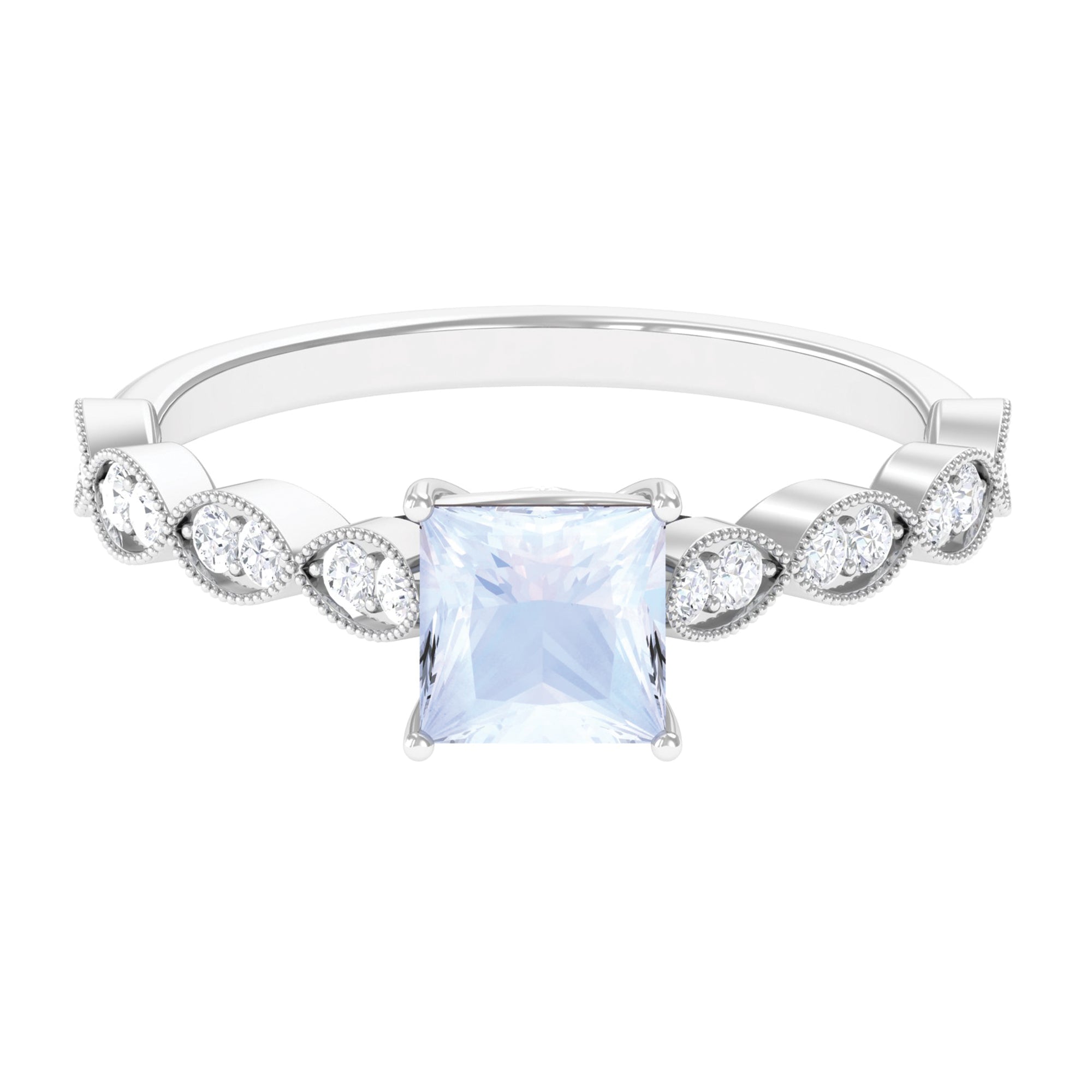 1 CT Princess Cut Moonstone Solitaire Ring with Diamond Side Stones Moonstone - ( AAA ) - Quality - Rosec Jewels