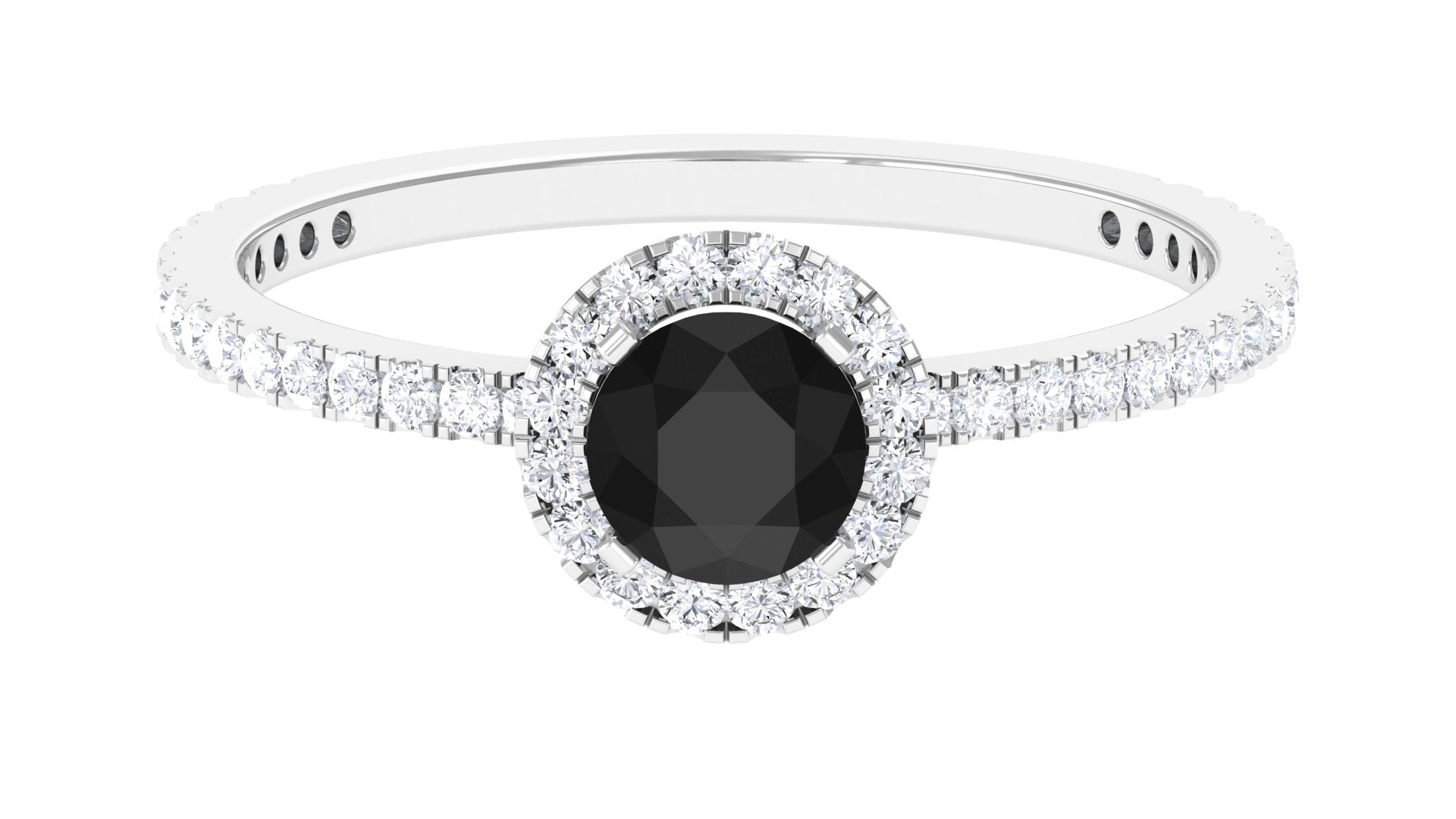 Round Shape Black Onyx Halo Engagement Ring with Diamond Black Onyx - ( AAA ) - Quality - Rosec Jewels