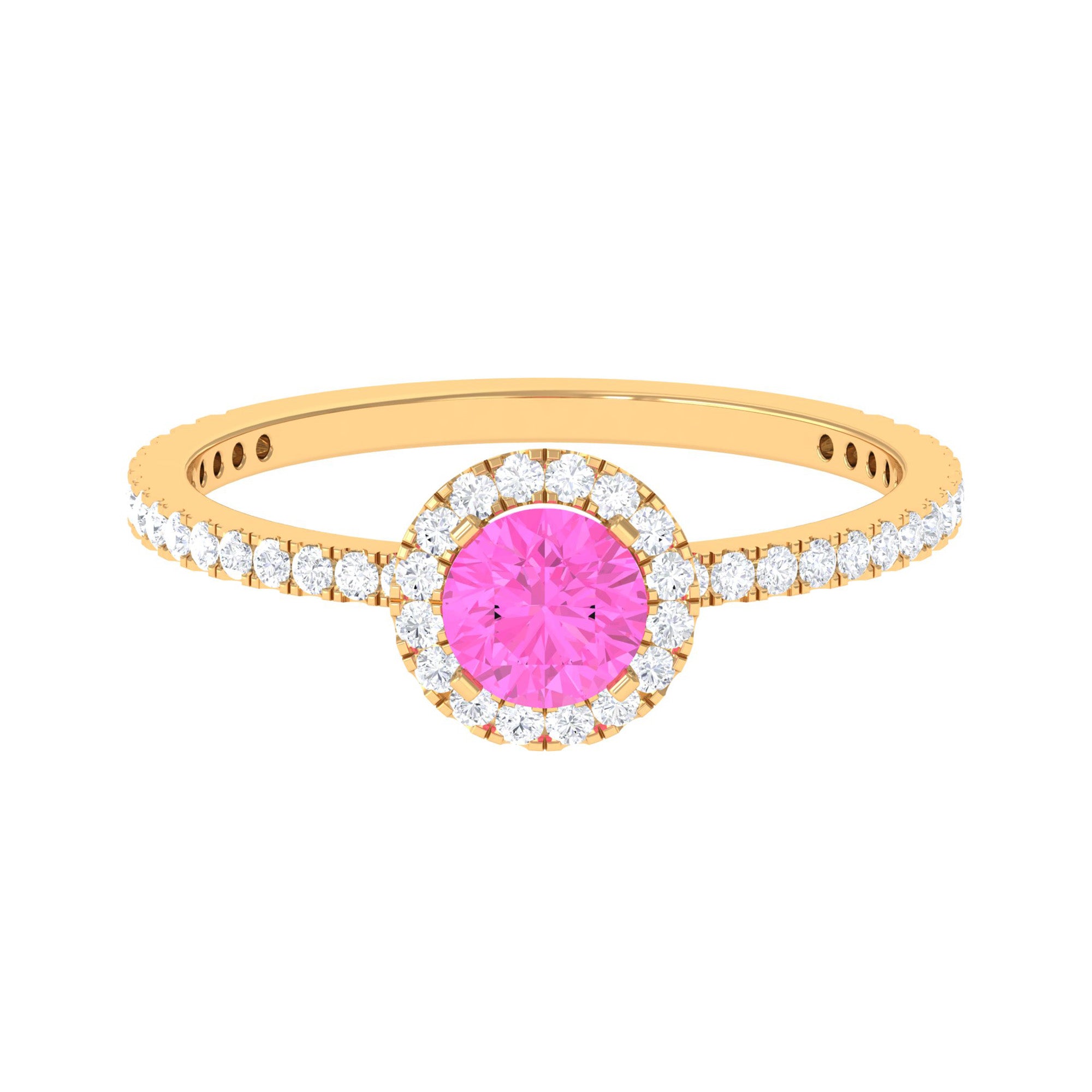 Round Pink Sapphire Halo Engagement Ring with Diamond Pink Sapphire - ( AAA ) - Quality - Rosec Jewels