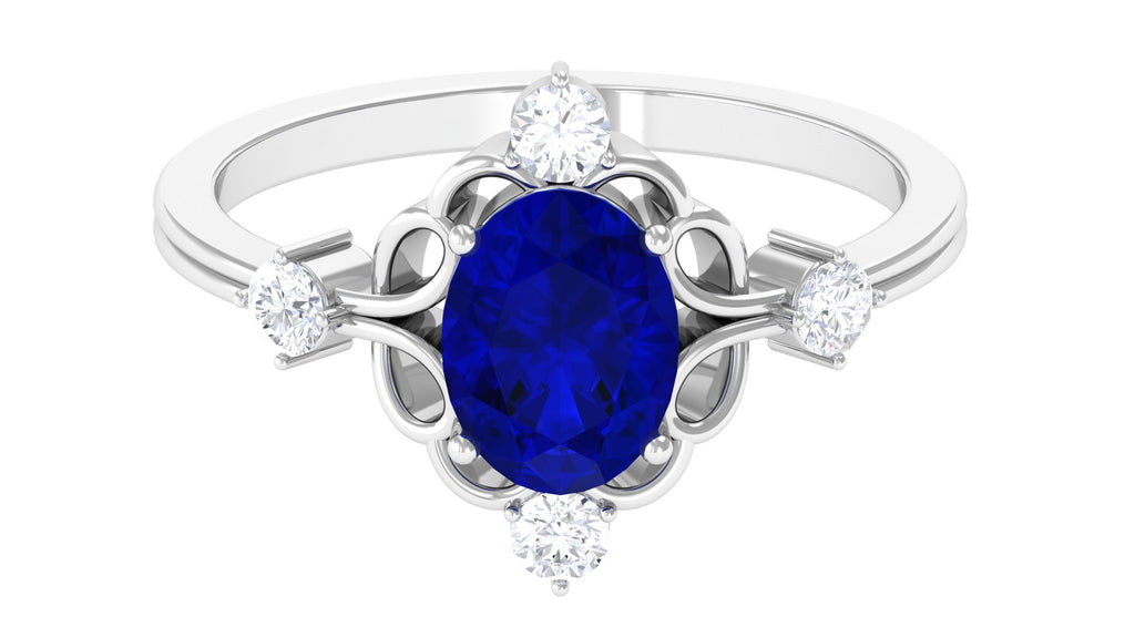 Oval Cut Solitaire Created Blue Sapphire Engagement Ring with Diamond Lab Created Blue Sapphire - ( AAAA ) - Quality - Rosec Jewels
