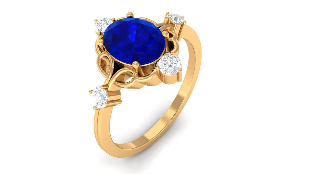 Oval Cut Solitaire Created Blue Sapphire Engagement Ring with Diamond Lab Created Blue Sapphire - ( AAAA ) - Quality - Rosec Jewels
