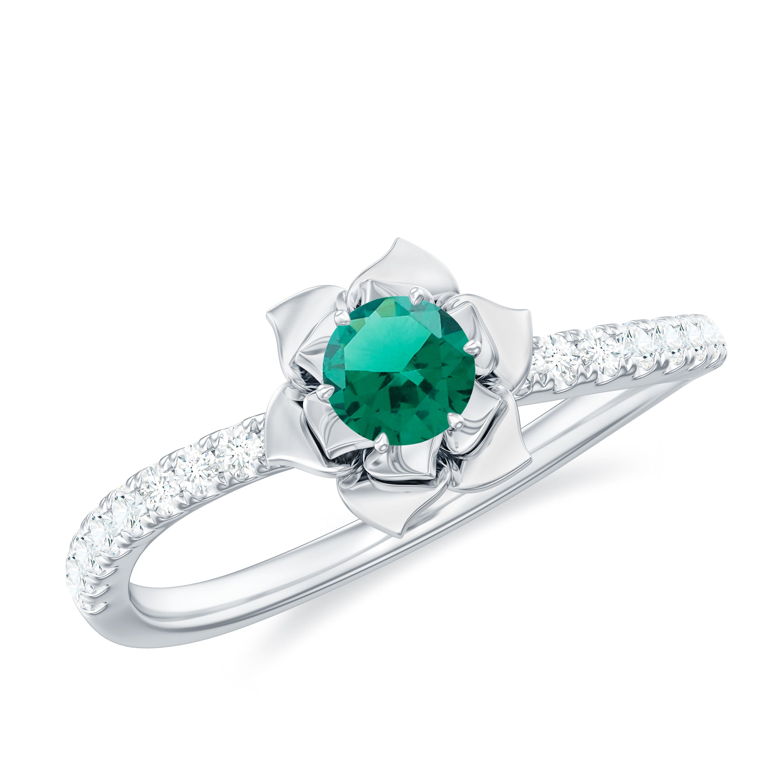 Lab-Created Emerald and Diamond Flower Engagement Ring Lab Created Emerald - ( AAAA ) - Quality - Rosec Jewels