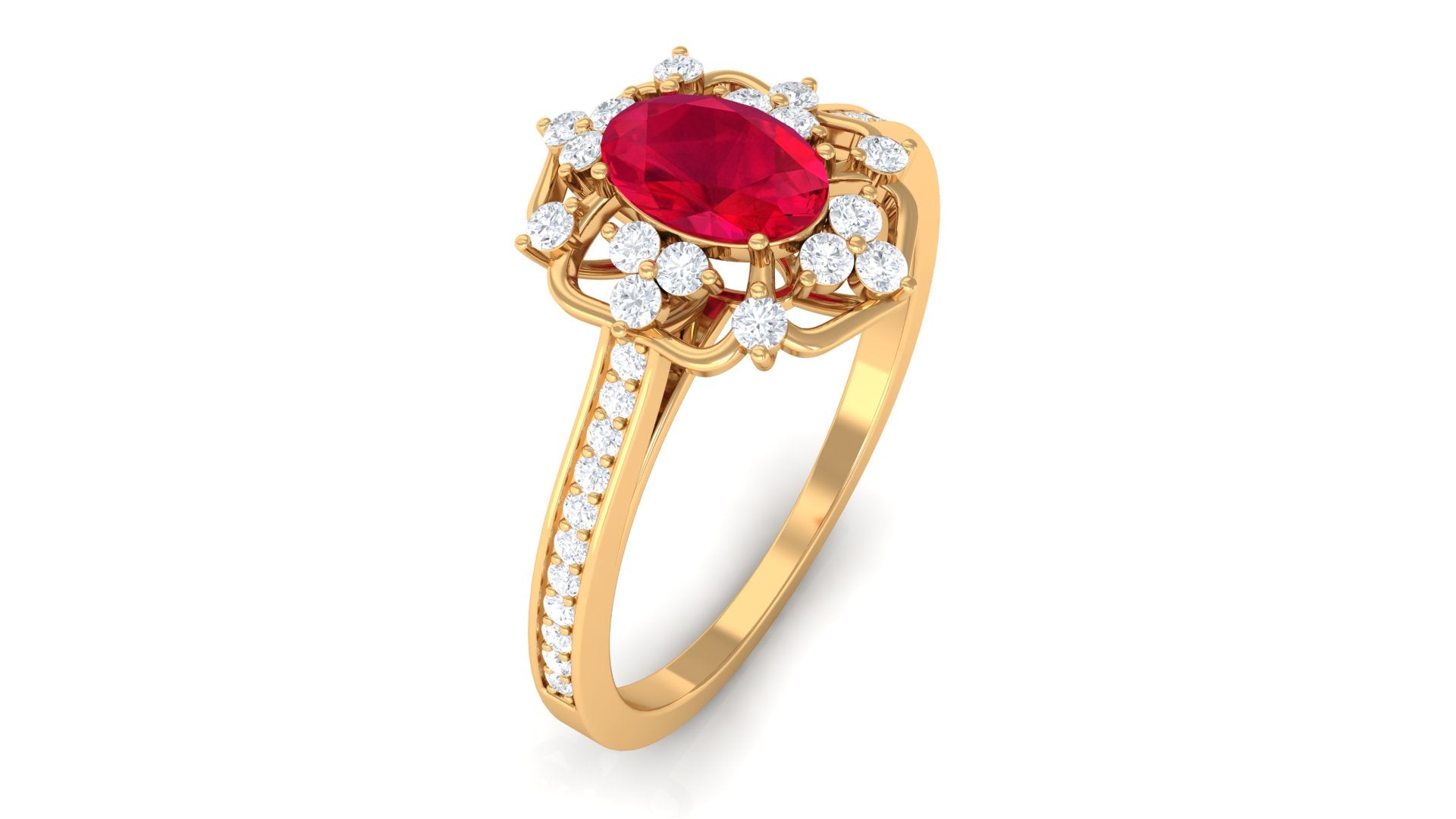 Vintage Style Lab-Created Ruby and Diamond Flower Engagement Ring Lab Created Ruby - ( AAAA ) - Quality - Rosec Jewels