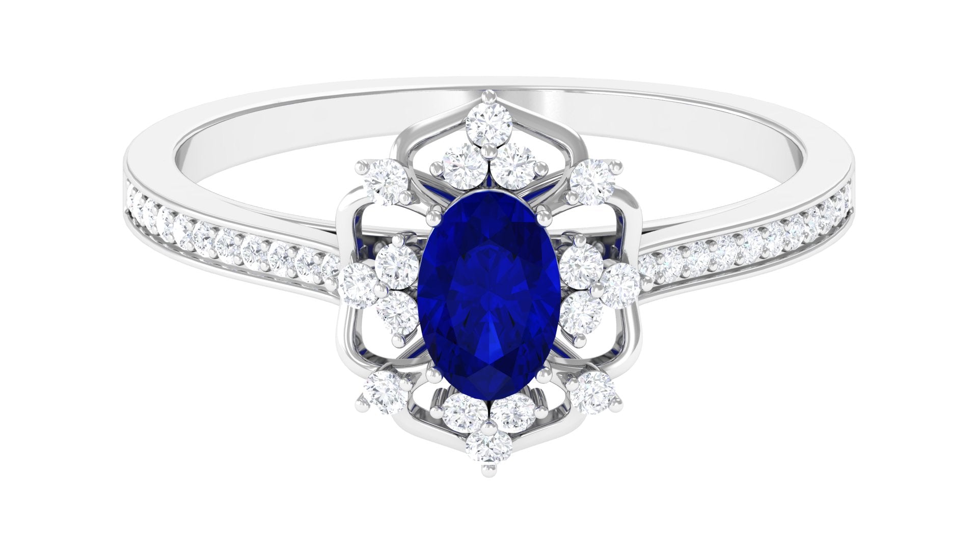 Vintage Style Created Blue Sapphire and Diamond Flower Engagement Ring Lab Created Blue Sapphire - ( AAAA ) - Quality - Rosec Jewels