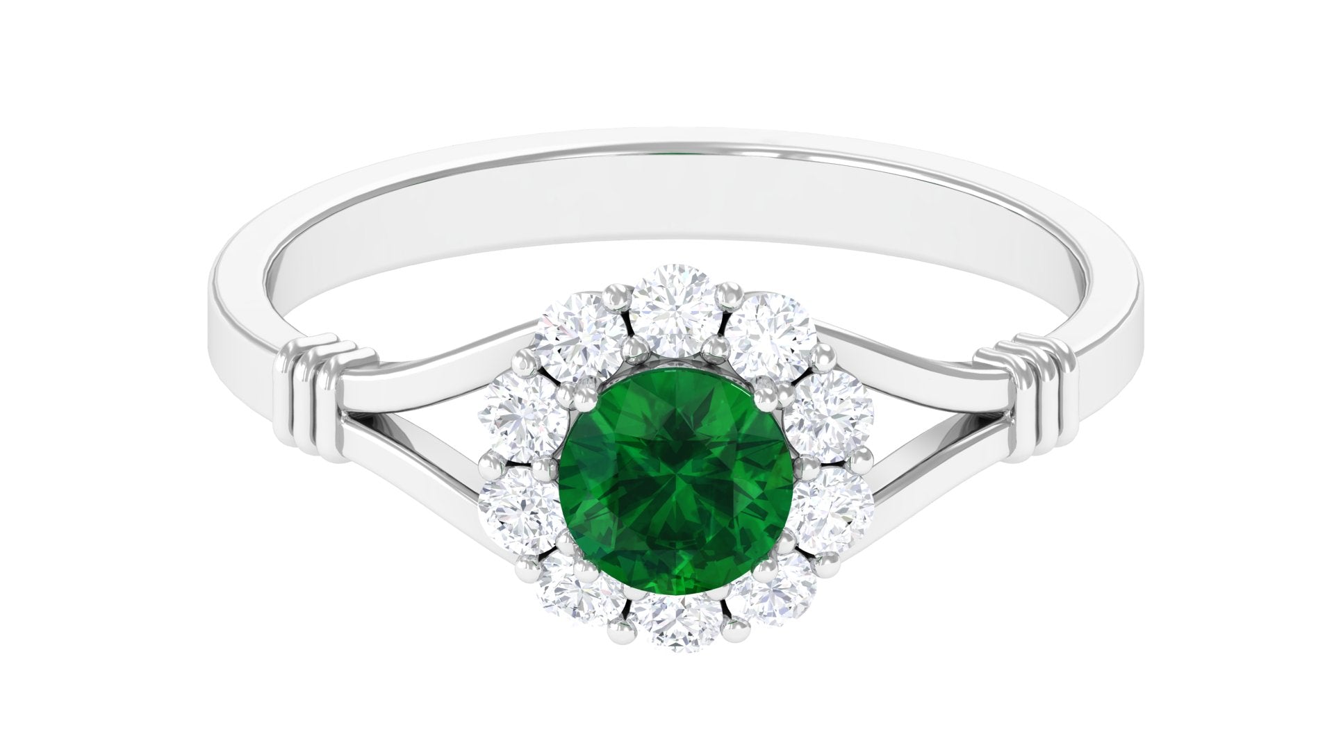1 CT Round Created Emerald Flower Ring with Diamond Halo in Split Shank Lab Created Emerald - ( AAAA ) - Quality - Rosec Jewels