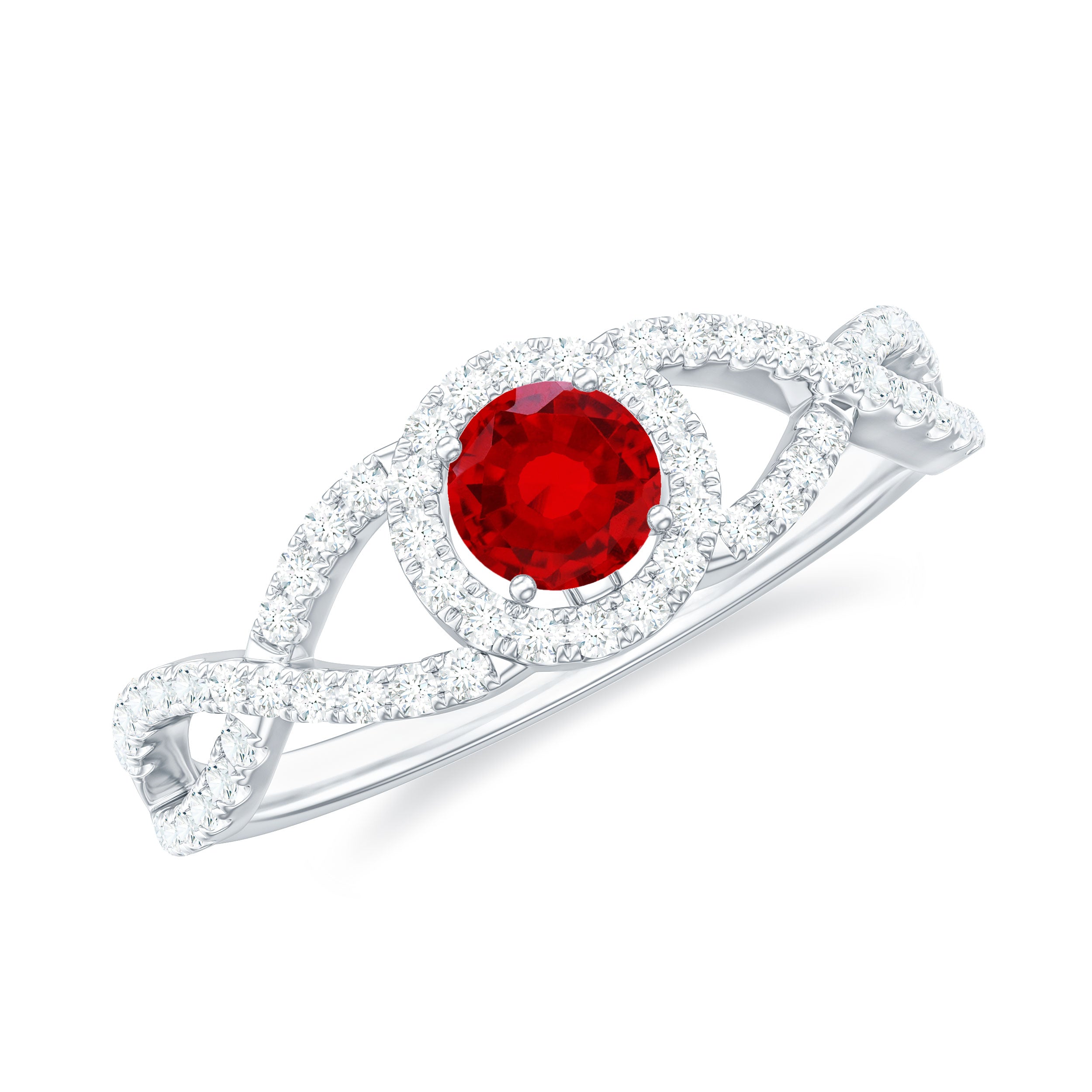 Criss Cross Shank Lab-Created Ruby and Diamond Halo Engagement Ring Lab Created Ruby - ( AAAA ) - Quality - Rosec Jewels