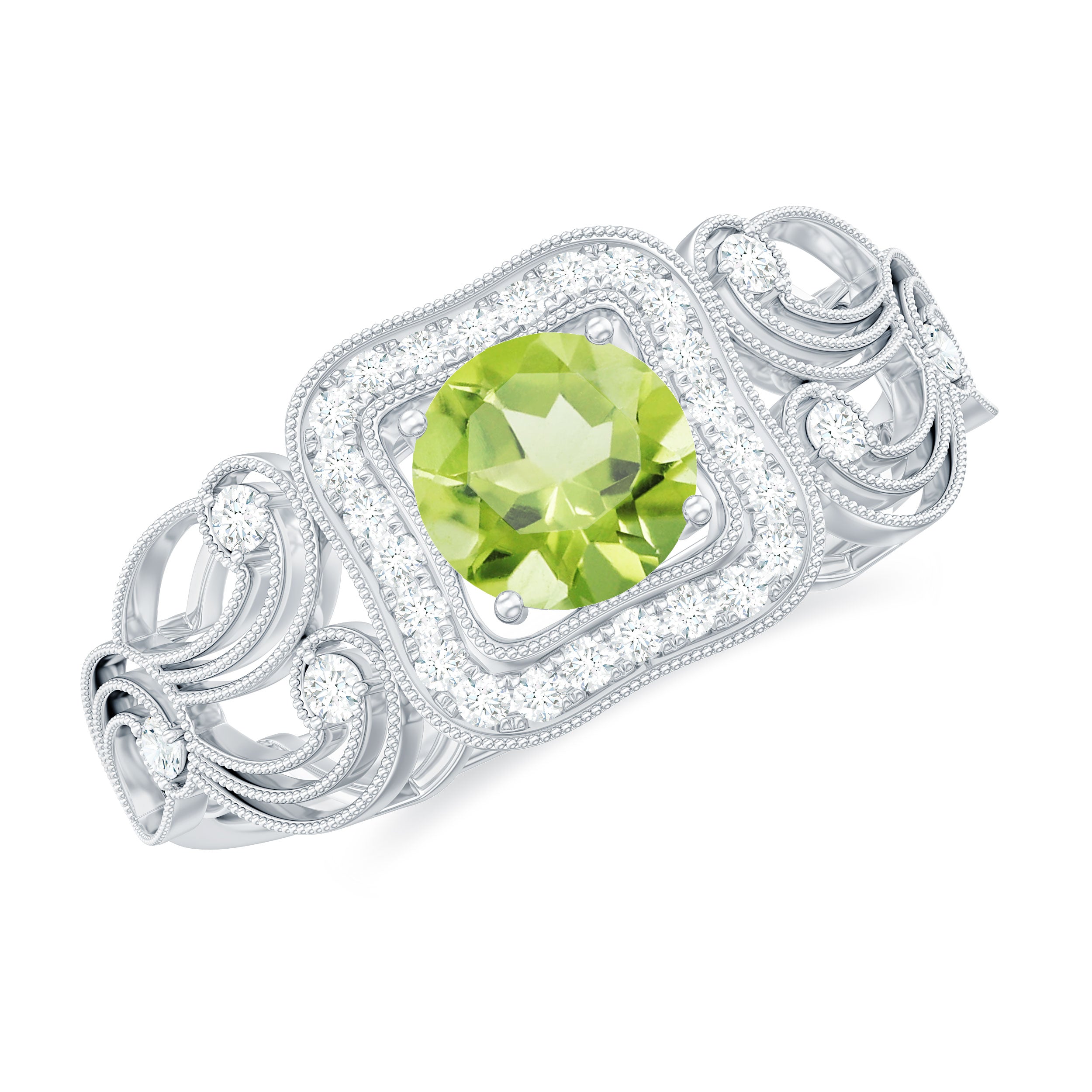 Vintage Peridot and Diamond Milgrain Engagement Ring Peridot - ( AAA ) - Quality - Rosec Jewels