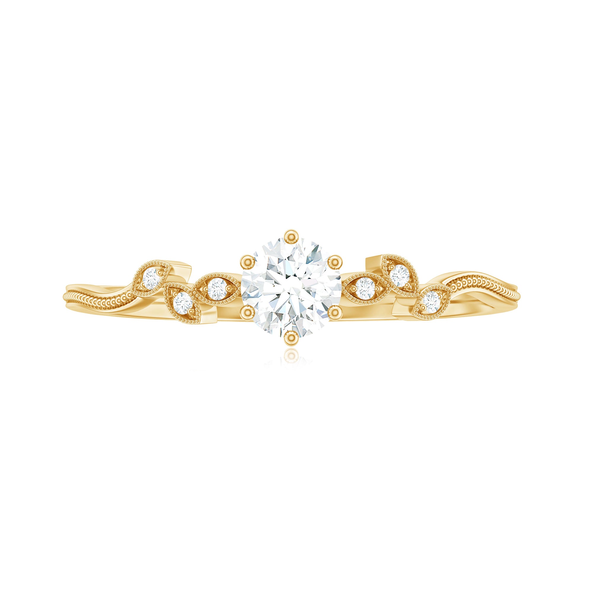 Moissanite Minimal Leaf Promise Ring with Beaded Gold Moissanite - ( D-VS1 ) - Color and Clarity - Rosec Jewels