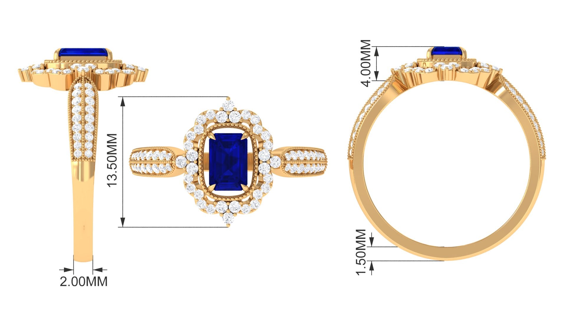 Vintage Style Octagon Blue Sapphire Engagement Ring with Diamond Floral Halo Blue Sapphire - ( AAA ) - Quality - Rosec Jewels