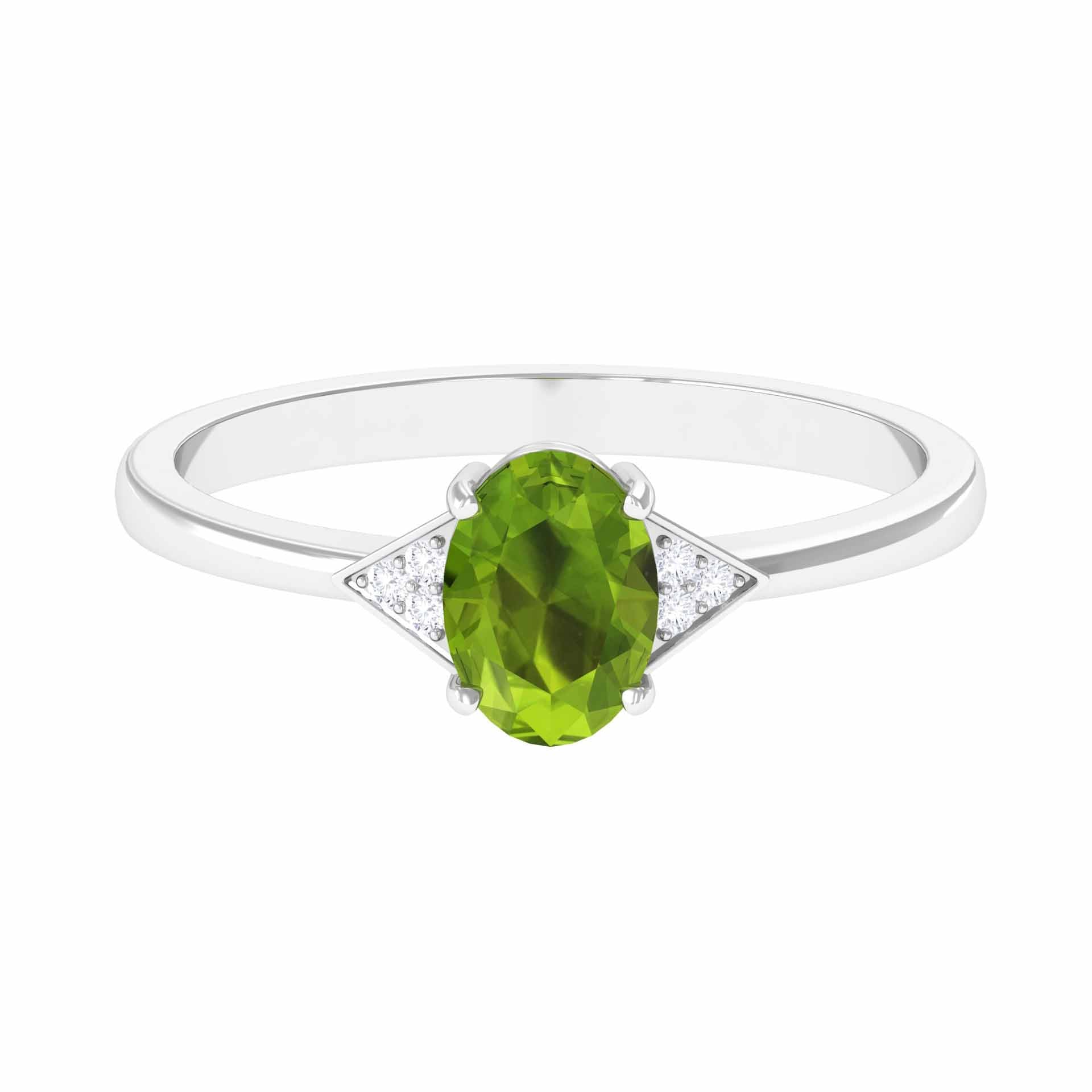 Oval Peridot Solitaire Ring with Diamond Accent Peridot - ( AAA ) - Quality - Rosec Jewels