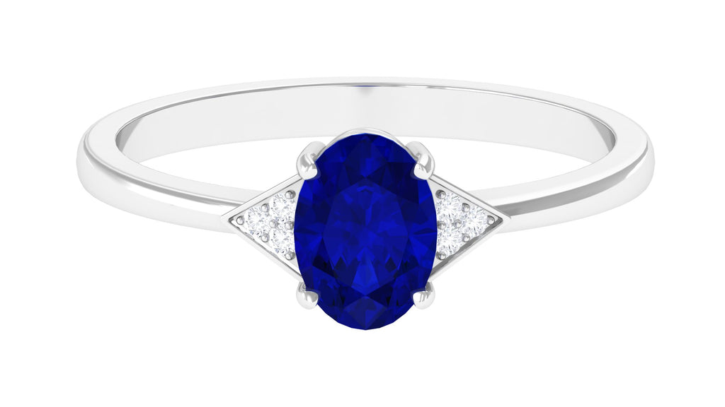 Oval Created Blue Sapphire Solitaire Ring with Diamond Accent Lab Created Blue Sapphire - ( AAAA ) - Quality - Rosec Jewels