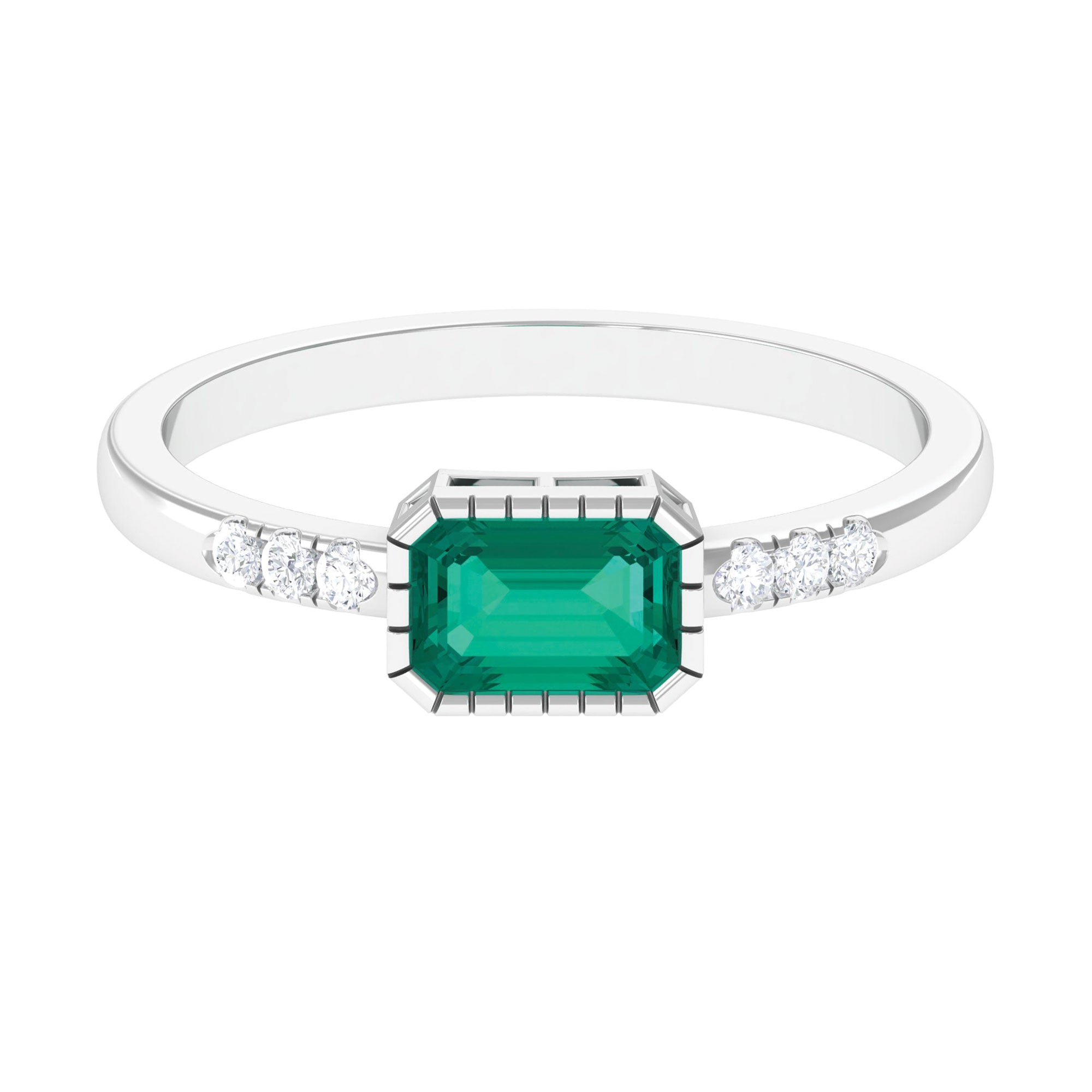 Octagon Cut Emerald East West Engagement Ring with Diamond Accent Emerald - ( AAA ) - Quality - Rosec Jewels