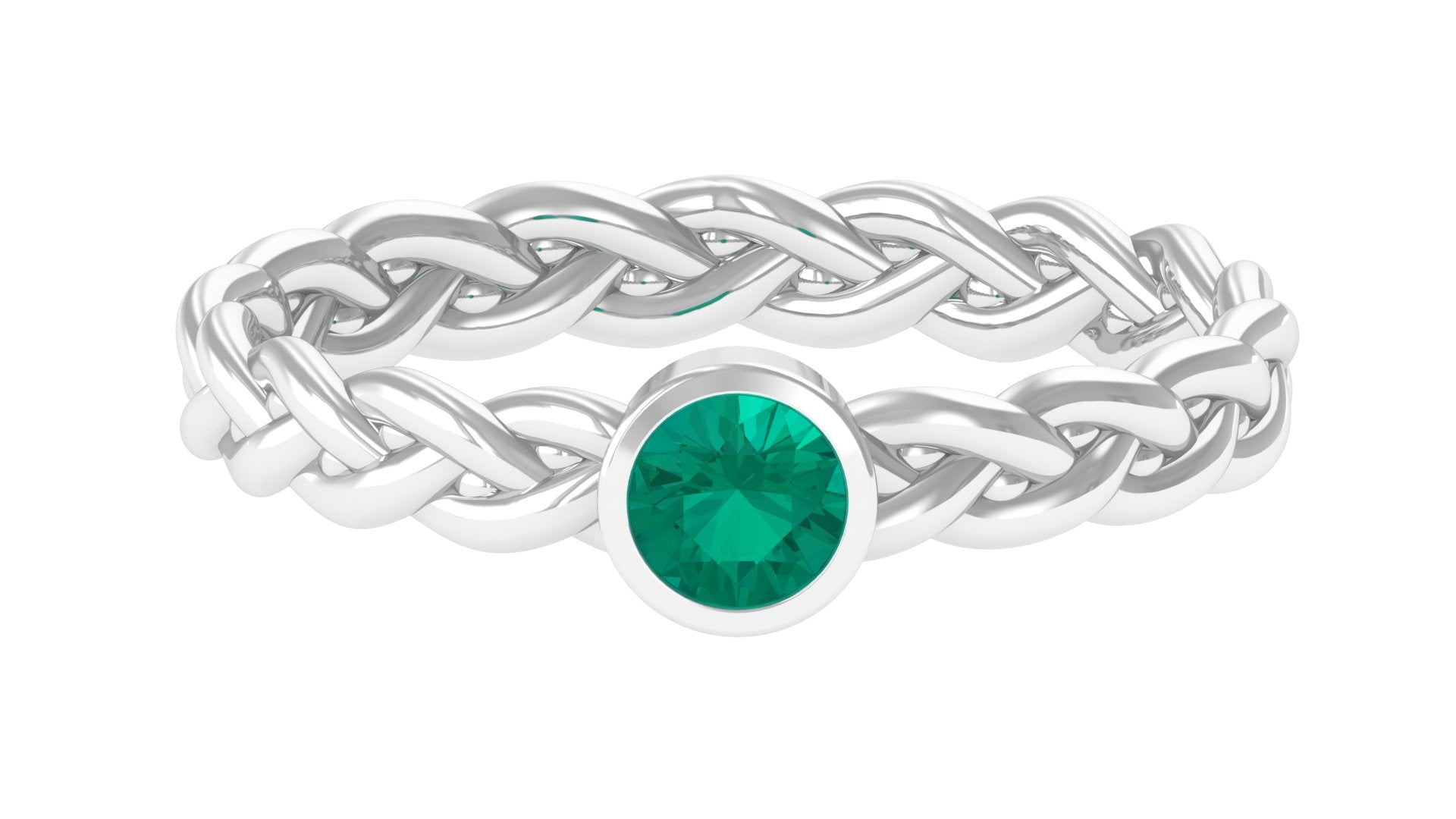 Round Solitaire Emerald Gold Braided Ring in Bezel Setting Emerald - ( AAA ) - Quality - Rosec Jewels