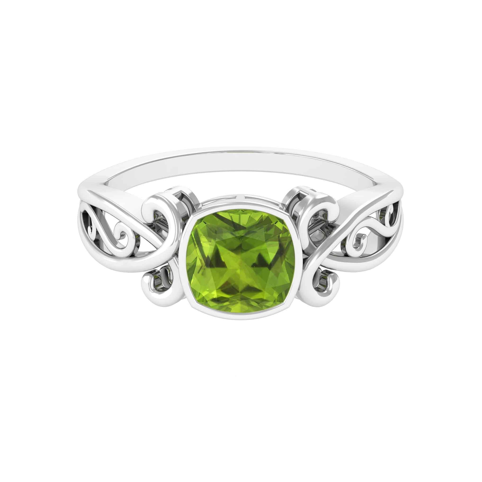 Vintage Style Cushion Cut Peridot Solitaire Ring in Bezel Setting Peridot - ( AAA ) - Quality - Rosec Jewels