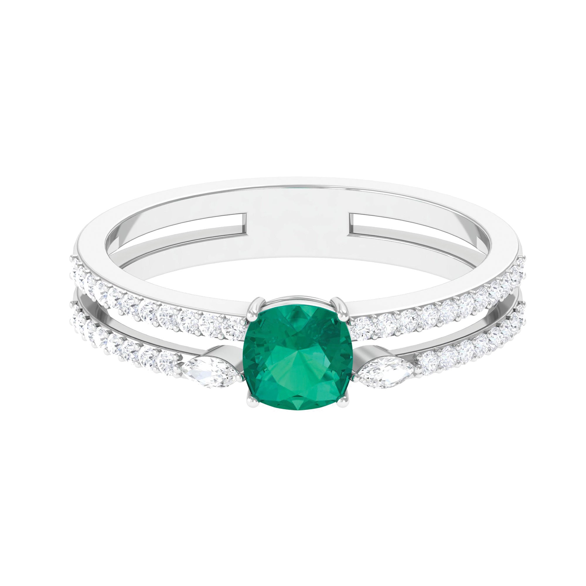 Cushion shape Emerald and Diamond Anniversary Double Band Ring Emerald - ( AAA ) - Quality - Rosec Jewels