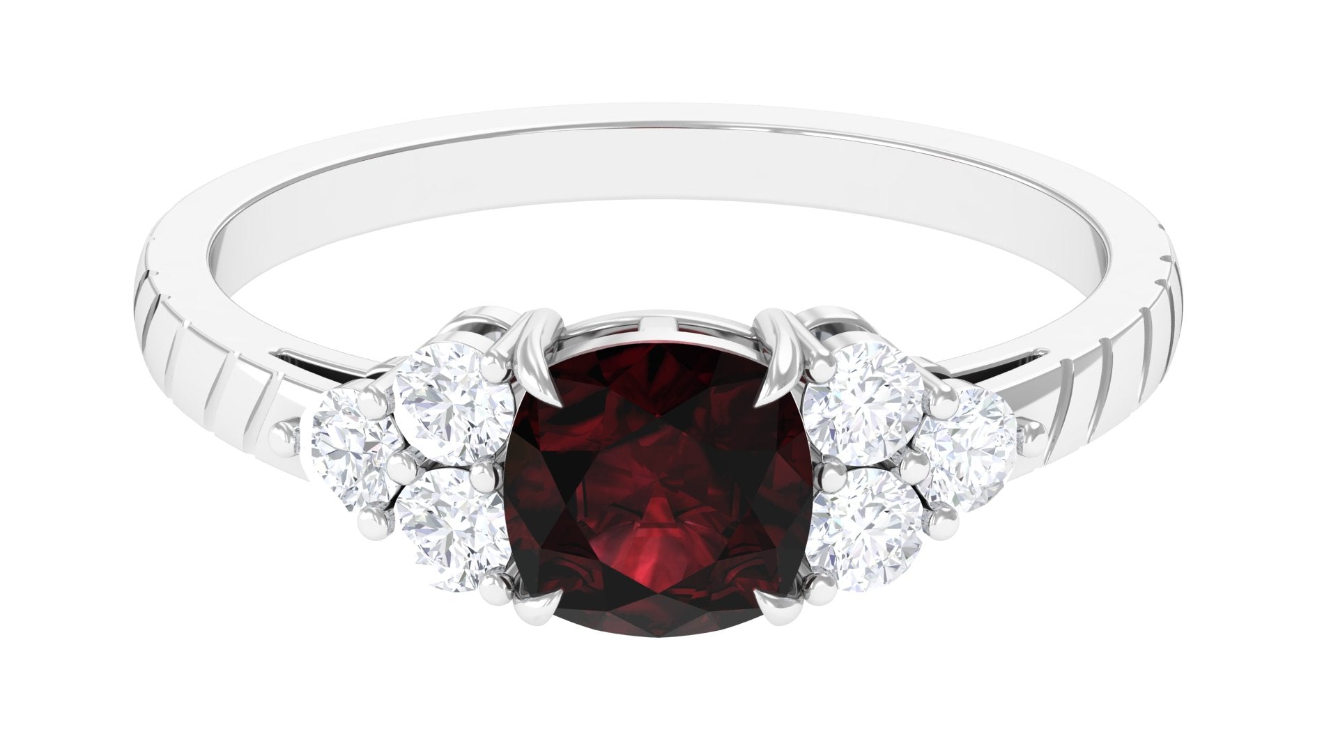 Cushion Cut Garnet Solitaire Engagement Ring with Diamond Trio Garnet - ( AAA ) - Quality - Rosec Jewels